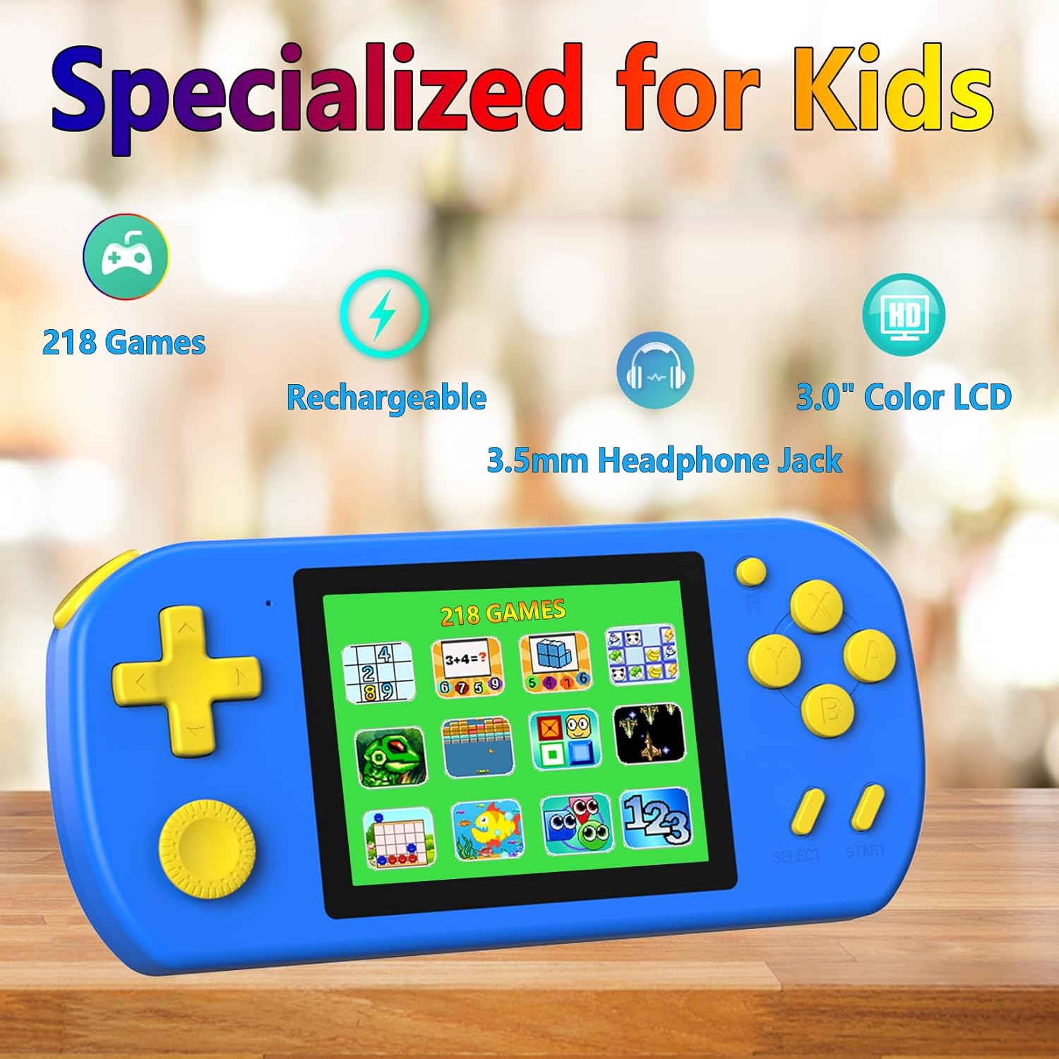 Consola de juegos de mano para niños precargada 218 videojuegos retro, reproductor de juegos portátil con batería recargable de 3.0 pulgadas, mini