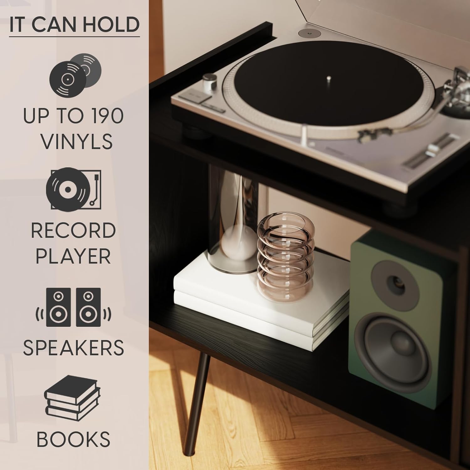 Soporte para tocadiscos con almacenamiento de vinilo, mesa para tocadiscos con capacidad para 190 vinilos, soporte para tocadiscos y gabinete de