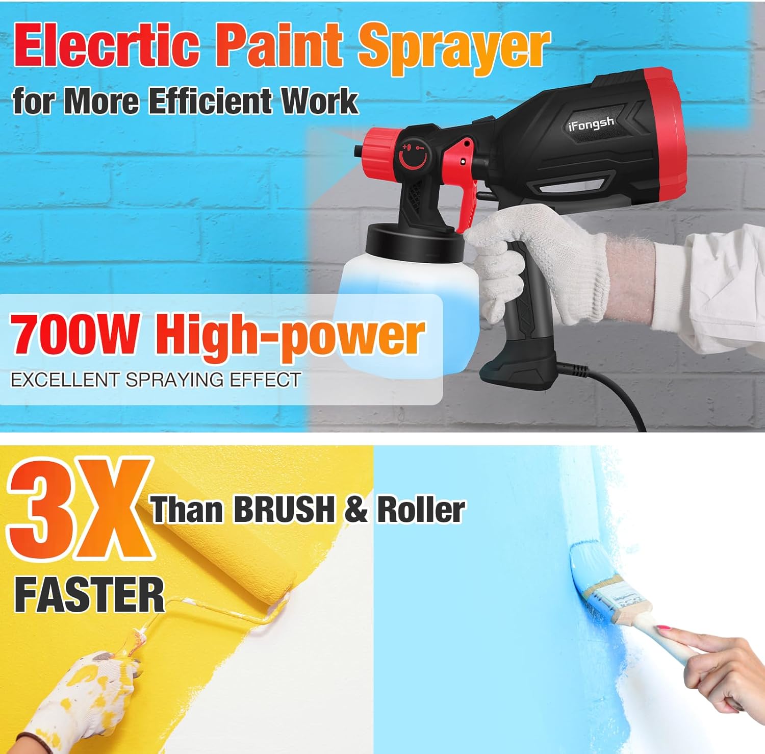 Pulverizador de pintura, pistola de pulverización HVLP de 700 W con 6 boquillas y 3 patrones, pulverizadores de pintura para interiores y exteriores