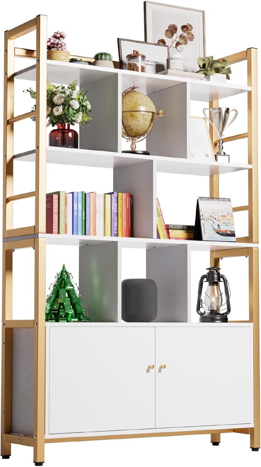 Aquzee Estantería blanca dorada, estantería moderna resistente de 64.2 pulgadas de alto x 39.4 pulgadas de ancho x 11.8 pulgadas de profundidad,