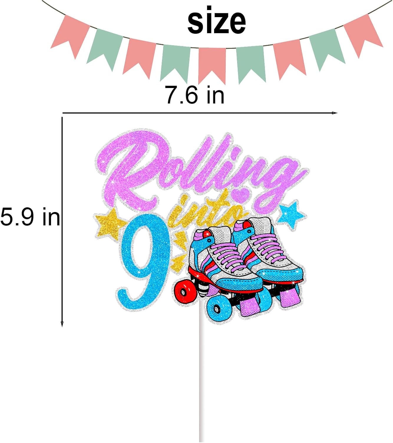 Decoración de pastel de patinaje para niños y niñas, 9 cumpleaños, retro, de los años 80, 90, 80, arco iris, patinaje, suministros de fiesta de