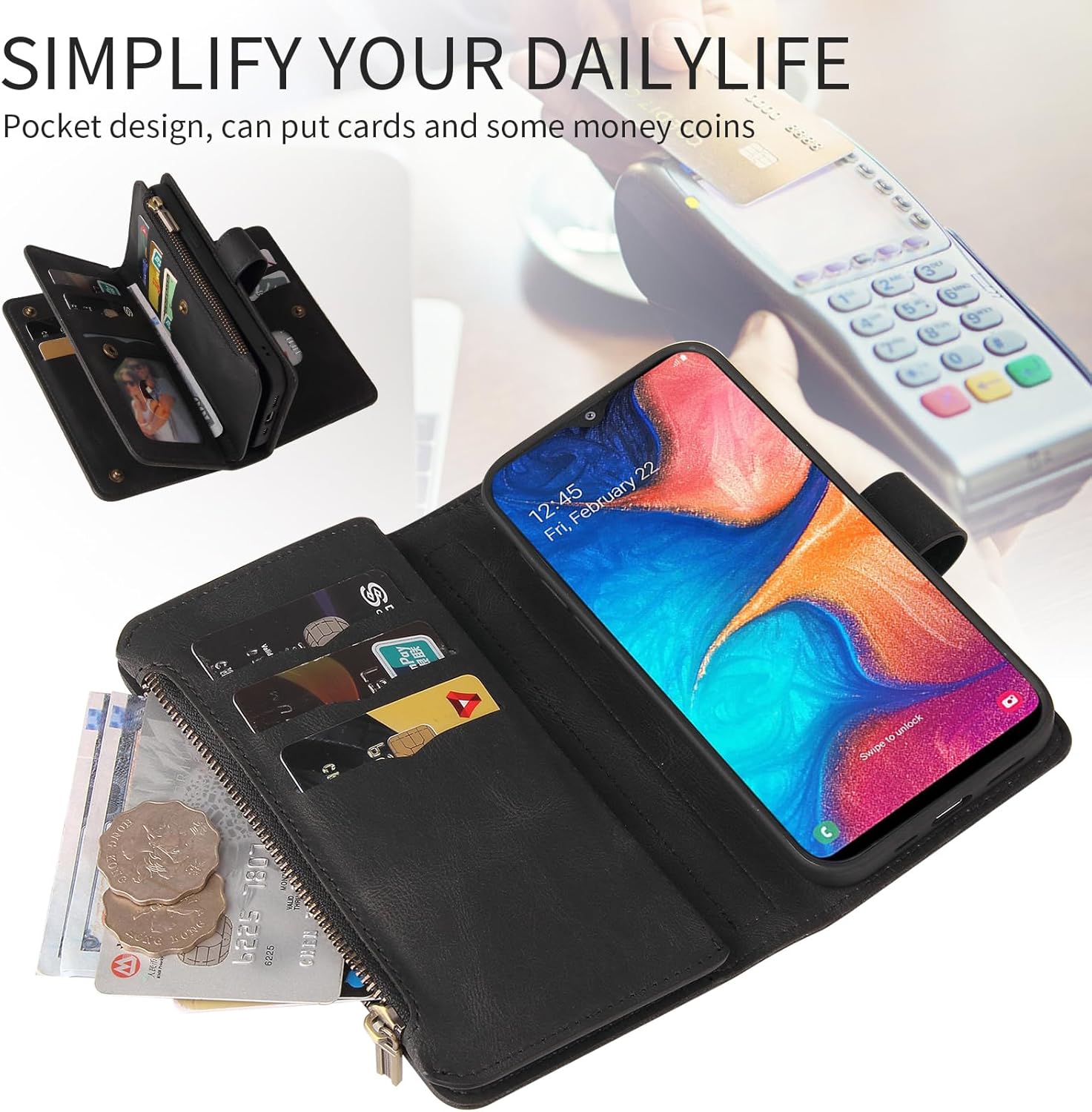 Asuwish Funda de teléfono para Samsung Galaxy A20 A30 con protector de pantalla de vidrio templado y correa de muñeca de cuero con tapa para tarjeta
