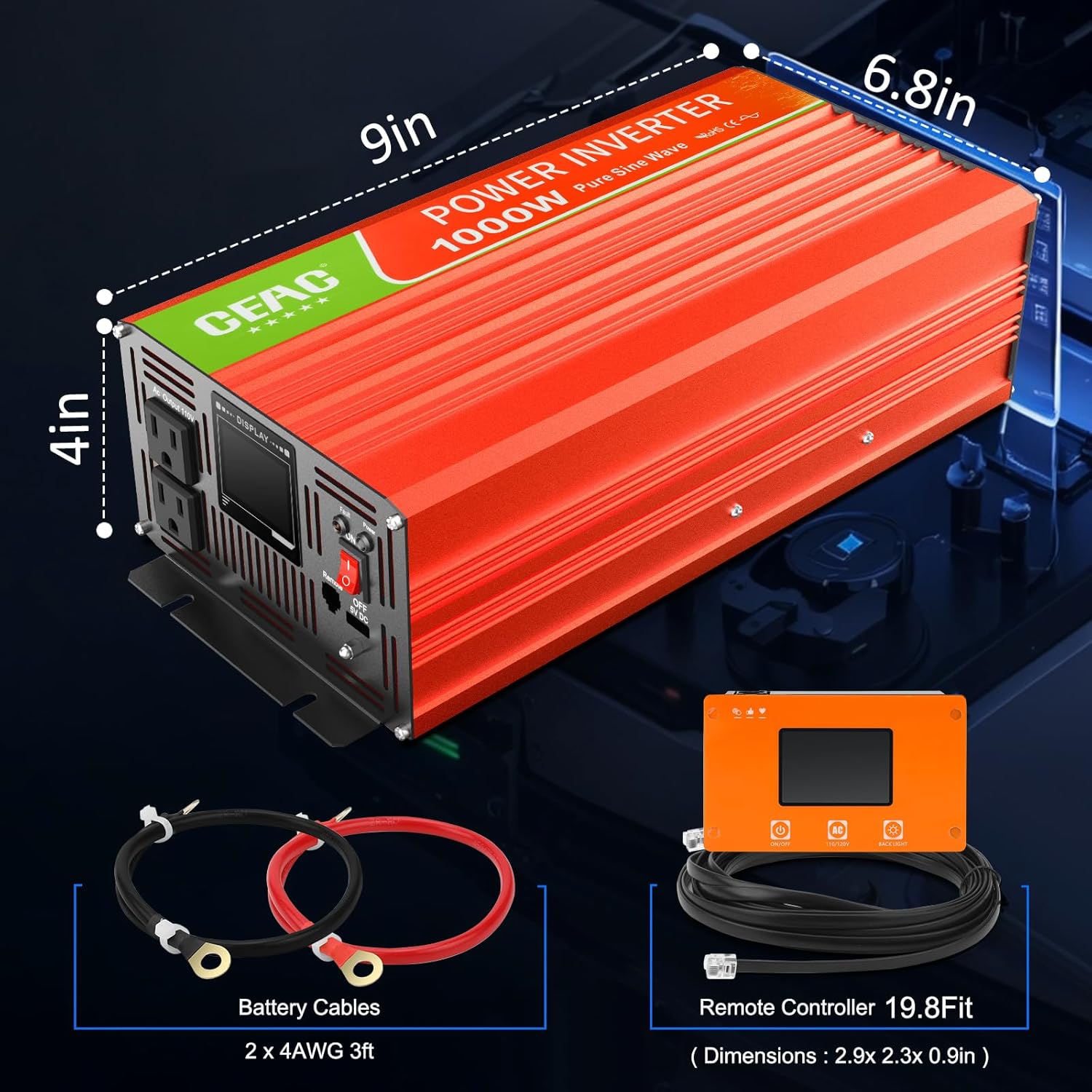 Inversor de onda sinusoidal pura de 1000 W, convertidor de 12 V CC a 110 V CA con rayo, cable de datos USB para el hogar, RV, camión, campamento con