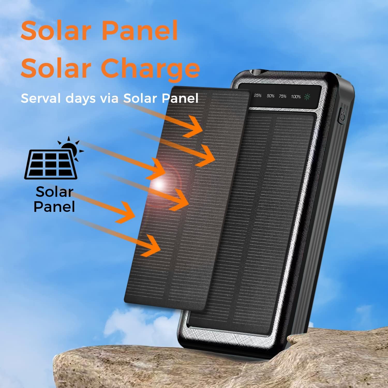 Banco de energía portátil solar al aire libre con carga inalámbrica, cables de carga incorporados, batería de 10000 mAh, IP65 impermeable, a prueba