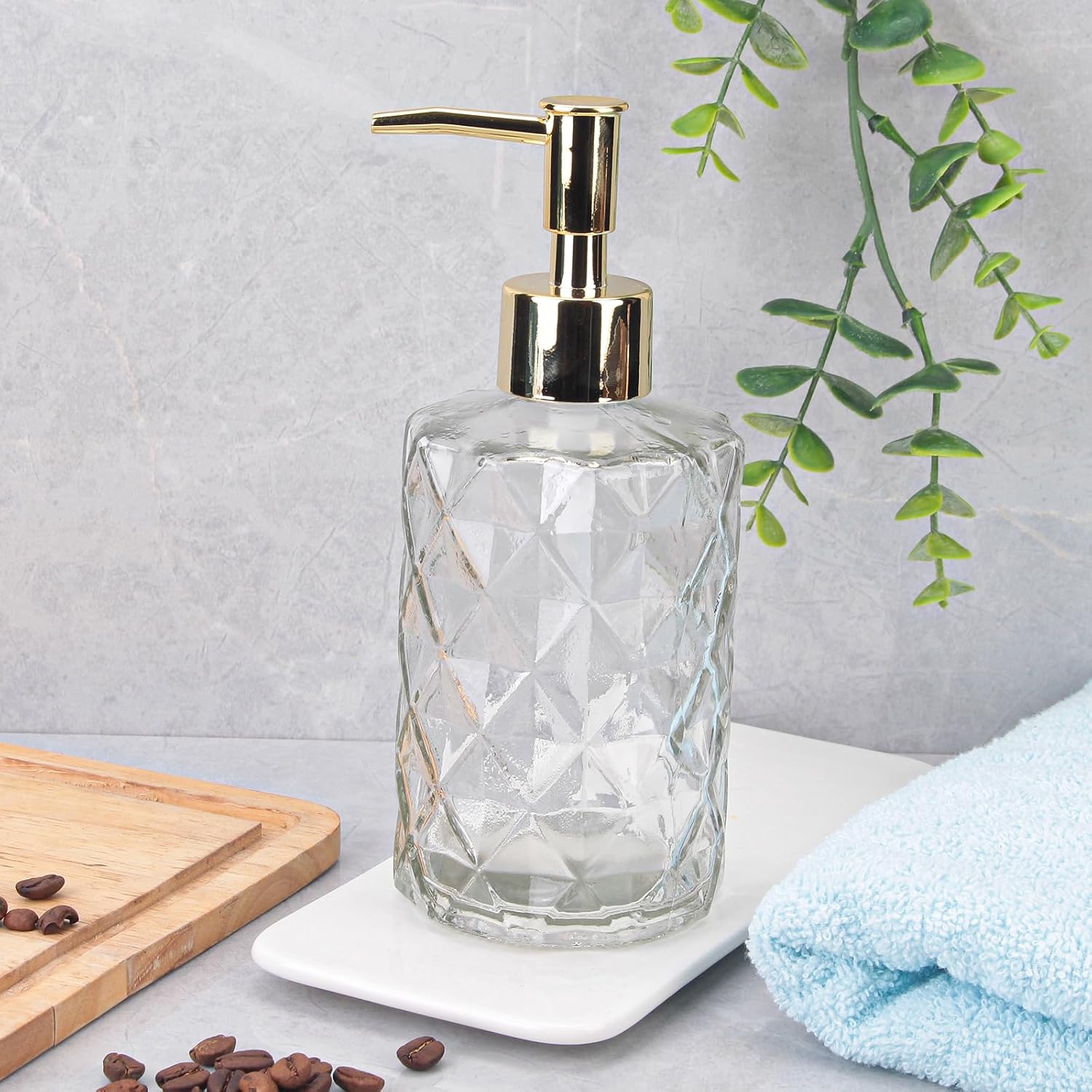 Dispensador de jabón con bomba, dispensador de jabón con patrón de diamante para encimera de cocina, baño, accesorios de baño rosa intenso (paquete
