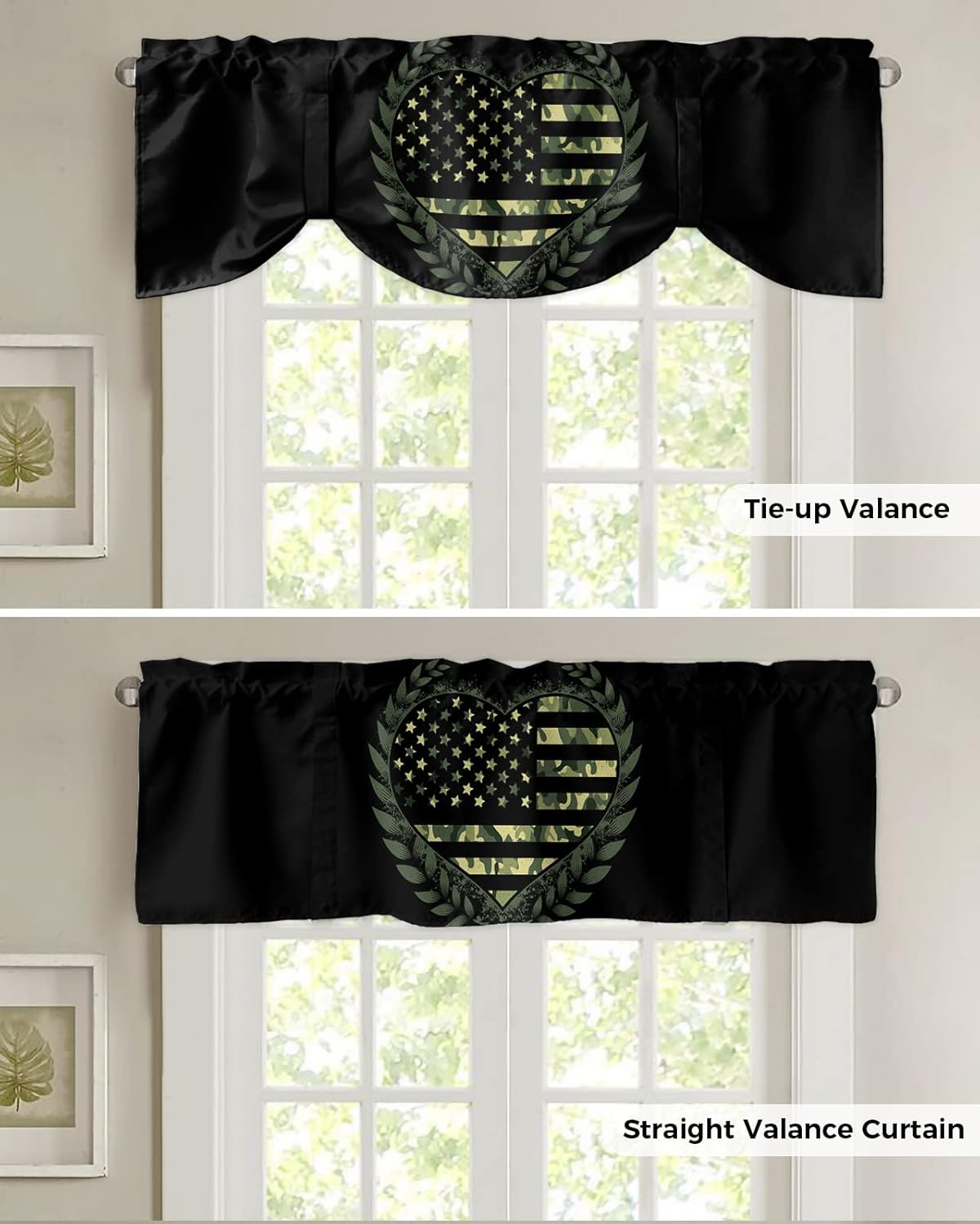 zzsunfeel Cortina de cenefa con amarre de 42 x 12 pulgadas para ventanas, tratamientos de ventana ajustables de camuflaje para cocina, sala de