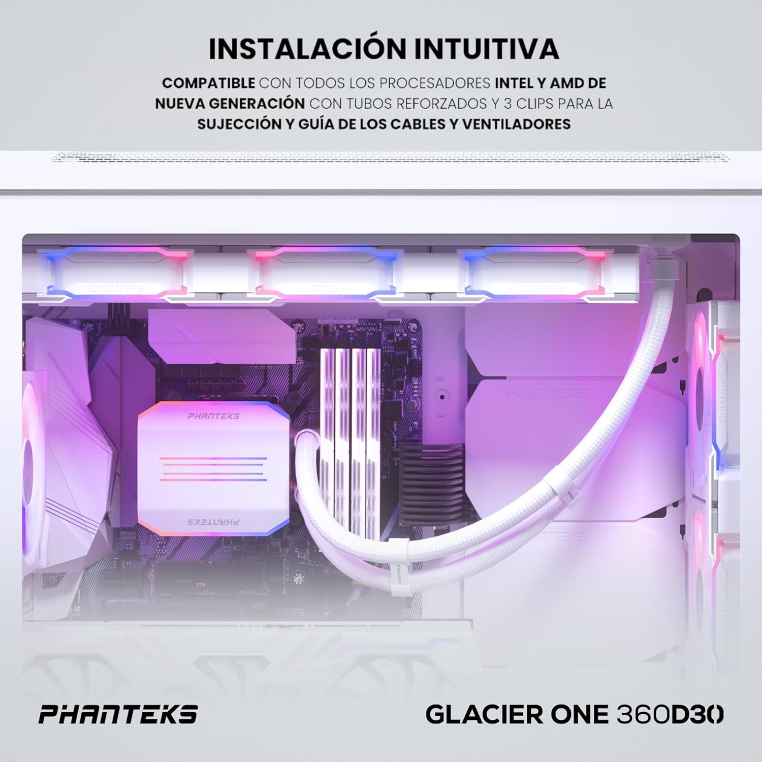 Phanteks (PH-GO360D30_DWT01) Glacier One 360D30 Premium D-RGB AIO Enfriador líquido de CPU, diseño de tapa de bomba DRGB, 3 ventiladores D30 4.724
