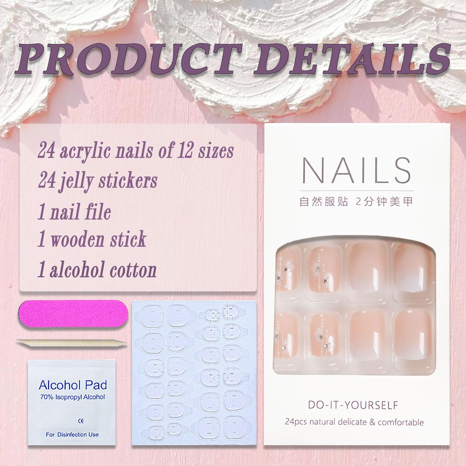 Uñas postizas cortas cuadradas SWEKKE con punta francesa, uñas postizas de color rosa degradado, cobertura completa, flores, con diseños de
