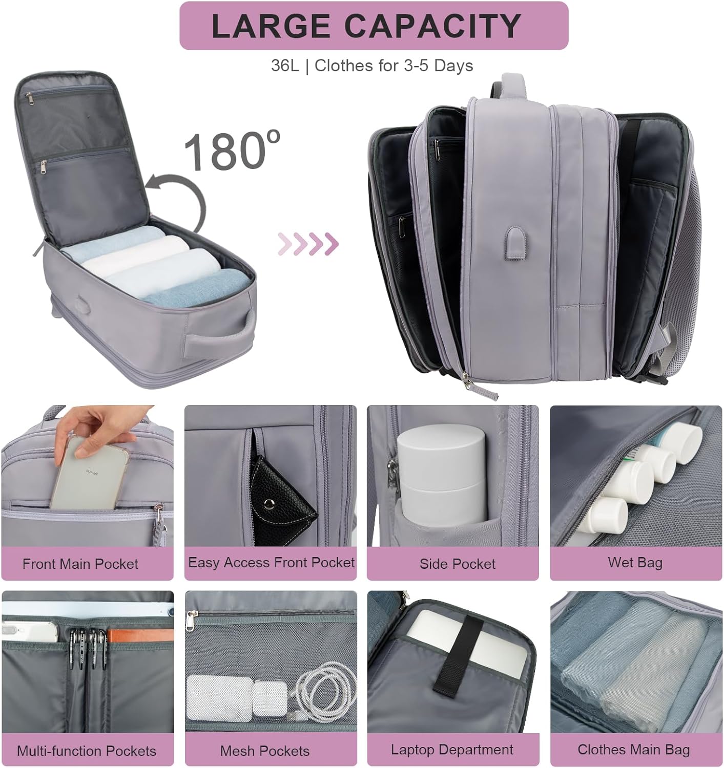 Hp hope Mochila de viaje para mujer, mochila extra grande para laptop con puerto de carga USB para senderismo, mochila de negocios de fin de semana,