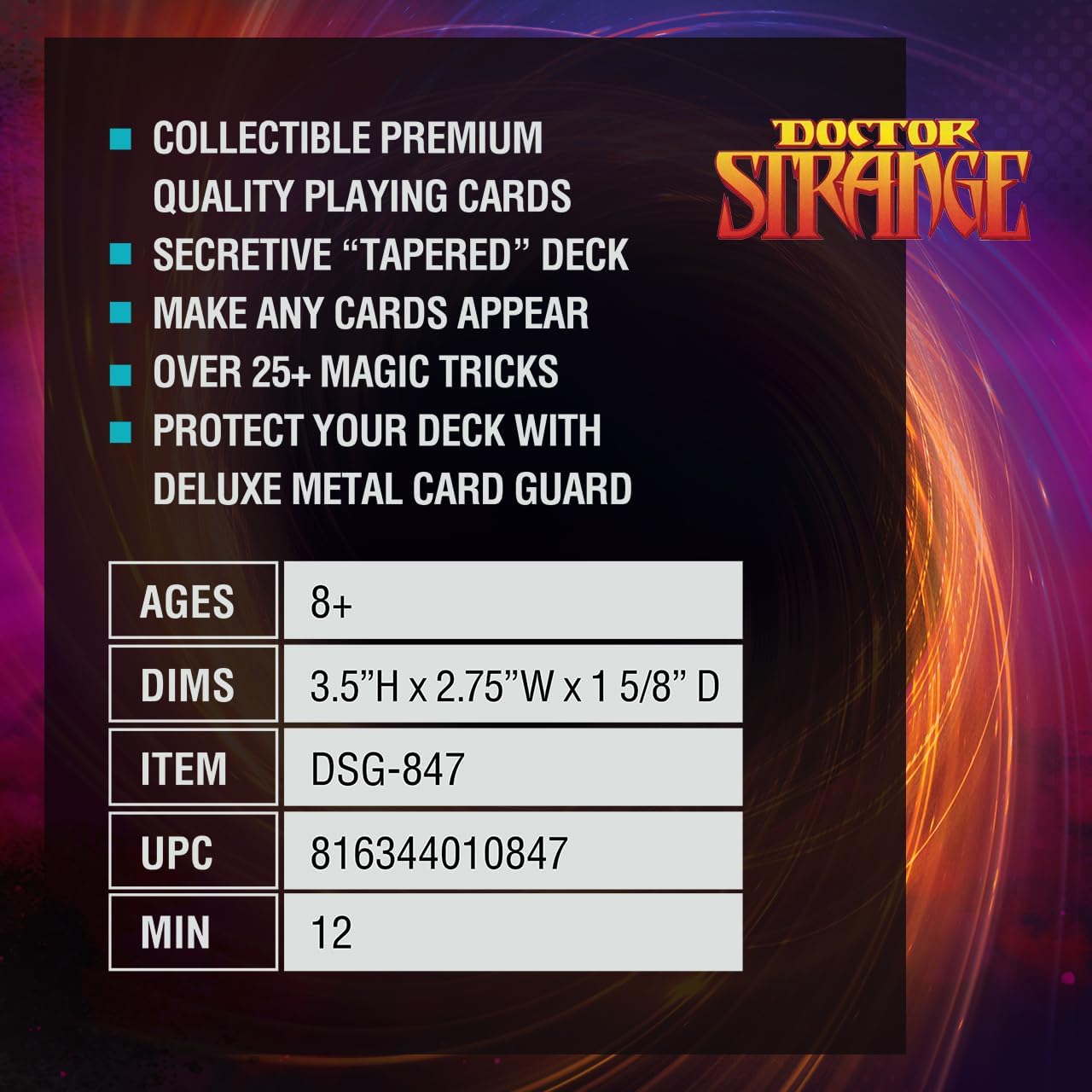 Fantasma Presenta el mazo mágico de cartas coleccionables de Doctor Strange de Marvel, con funda protectora de metal para cartas mágicas.