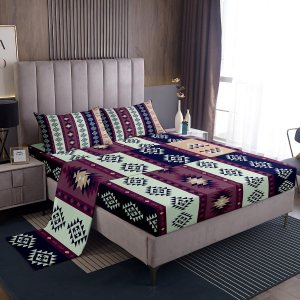 Juego de sábanas rústicas del suroeste, tamaño King, occidental, bohemio, azteca, exótico, bohemio, para niños y adultos, sábana bajera ajustable Juego de sábanas rústicas del suroeste, tamaño King, occidental, bohemio, azteca, exótico, bohemio, para niños y adultos, sábana bajera ajustable