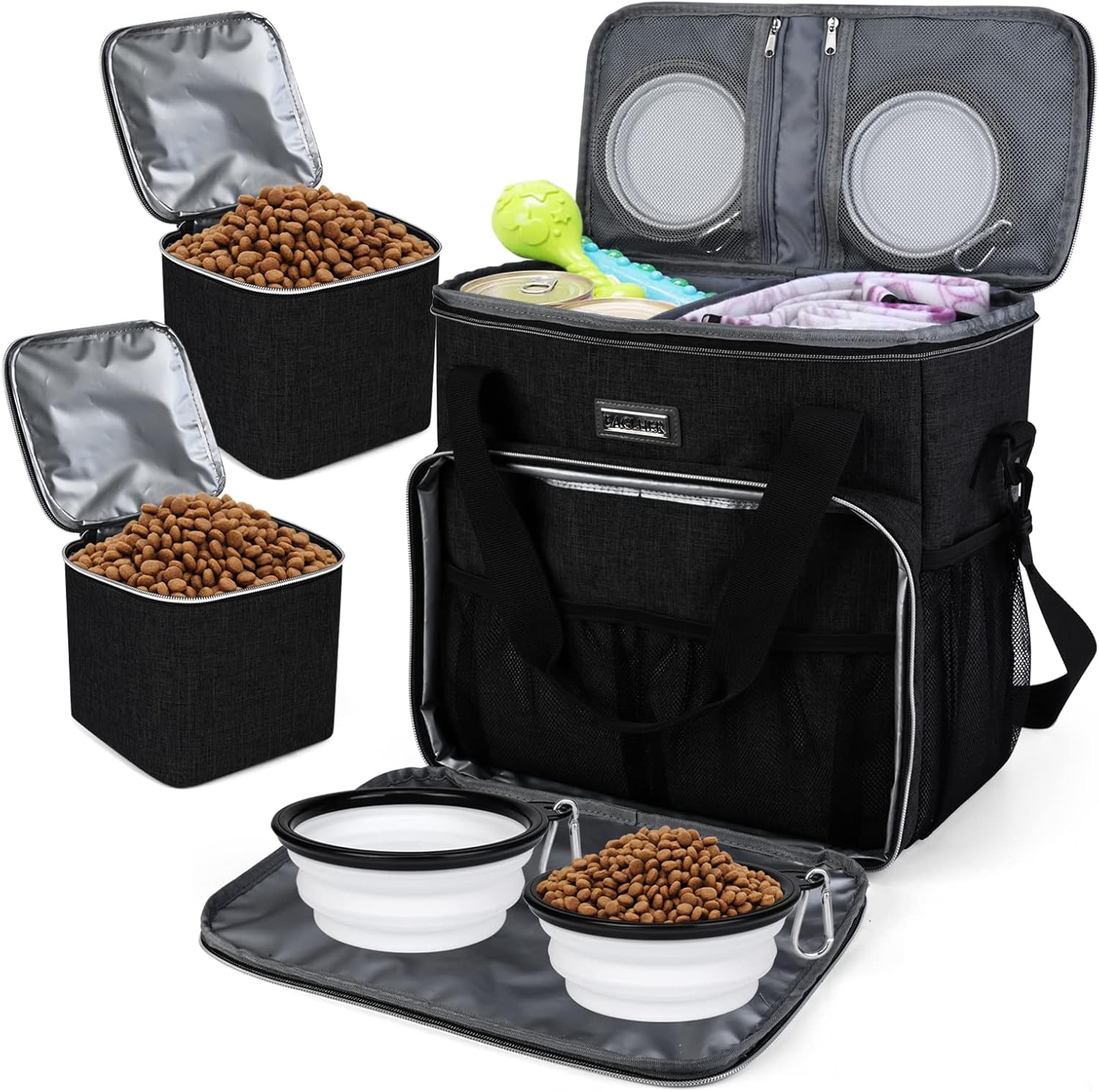 BAGLHER Bolsa de viaje para perros, bolsa de viaje para mascotas (todos los suministros de viaje para mascotas), con 2 recipientes de comida para