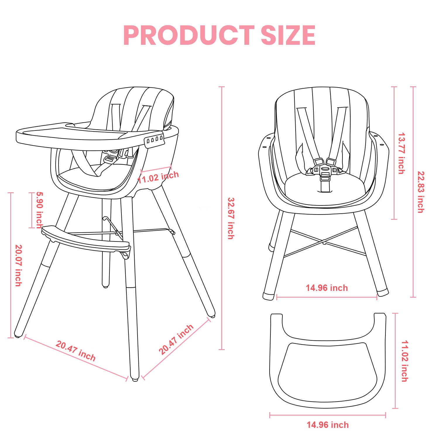 Foho Silla alta para bebé, perfecta silla alta convertible 3 en 1 de madera con cojín, bandeja extraíble y patas ajustables para bebé y niños