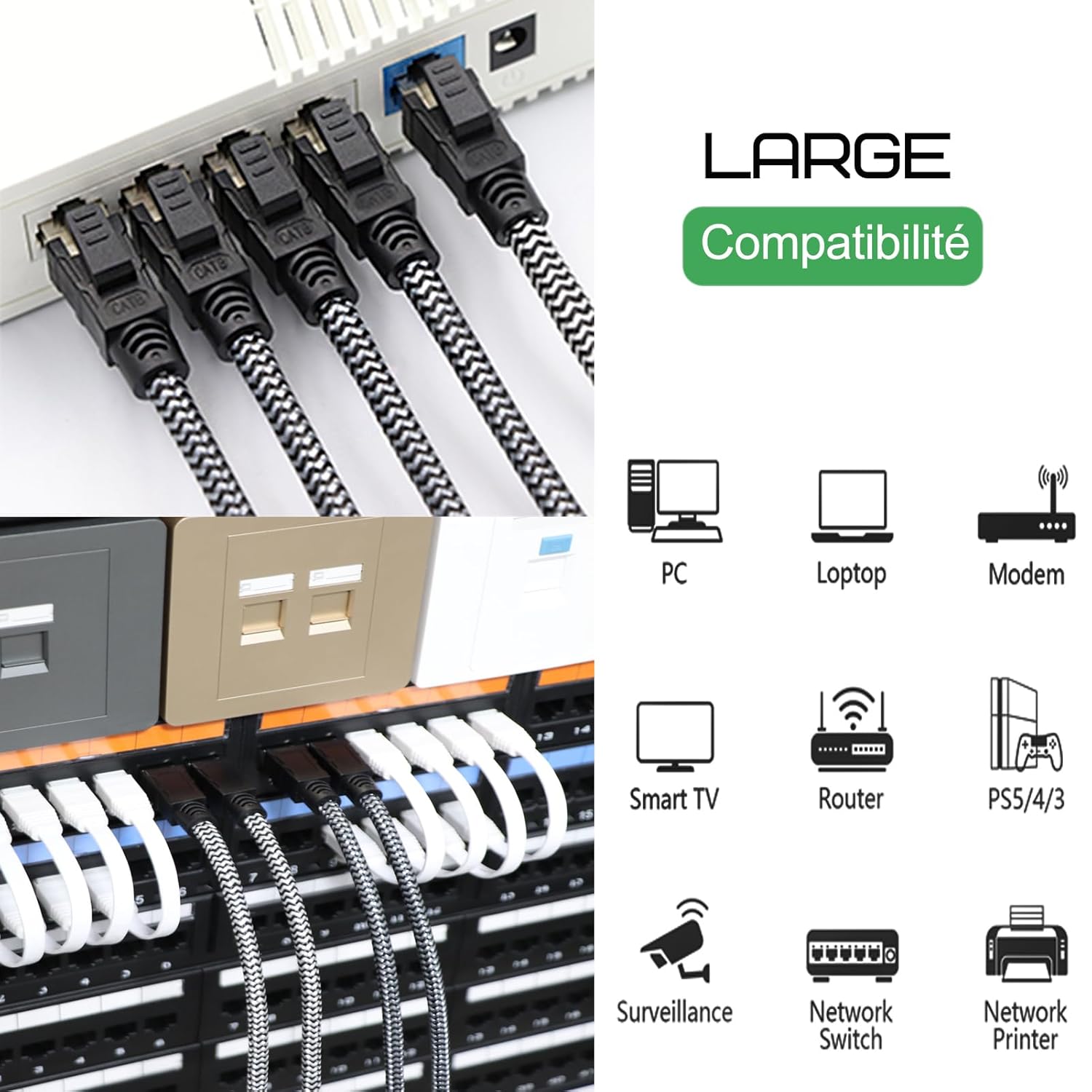Qiuean Cable Ethernet Cat 8 de 5 pies  Nylon trenzado de alta velocidad 40Gbps 2000Mhz  Cable de conexión LAN blindado, cable LAN SFTP cable de red
