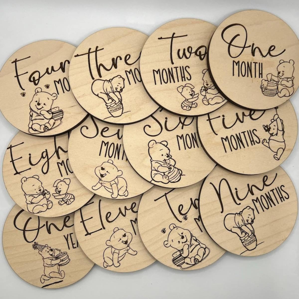 16 discos clásicos de Winnie Baby para marcador de hitos mensuales, letrero de anuncio de bebé, letrero para recién nacido, accesorios para fotos de