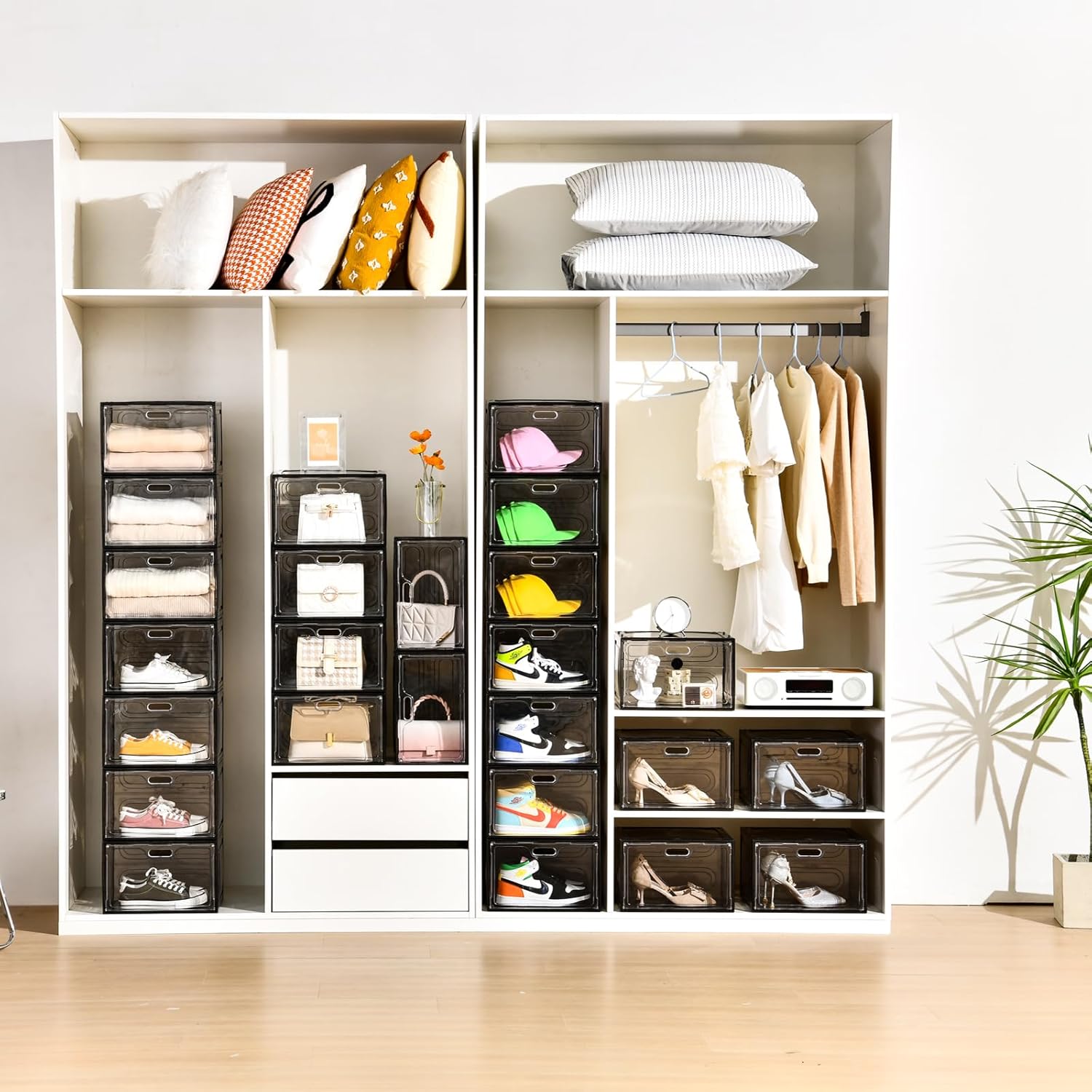 Paquete de 8 cajas de zapatos apilables color gris, organizador grande de almacenamiento de zapatos con tapas, contenedores laterales caídos para