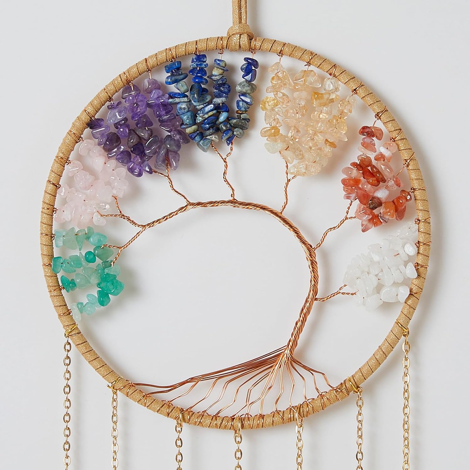 Atrapasueños de 7 ágata arcoíris con 7 chakras, árbol de la vida, atrapasueños con piedras de cristal curativo, decoración de pared hecha a mano