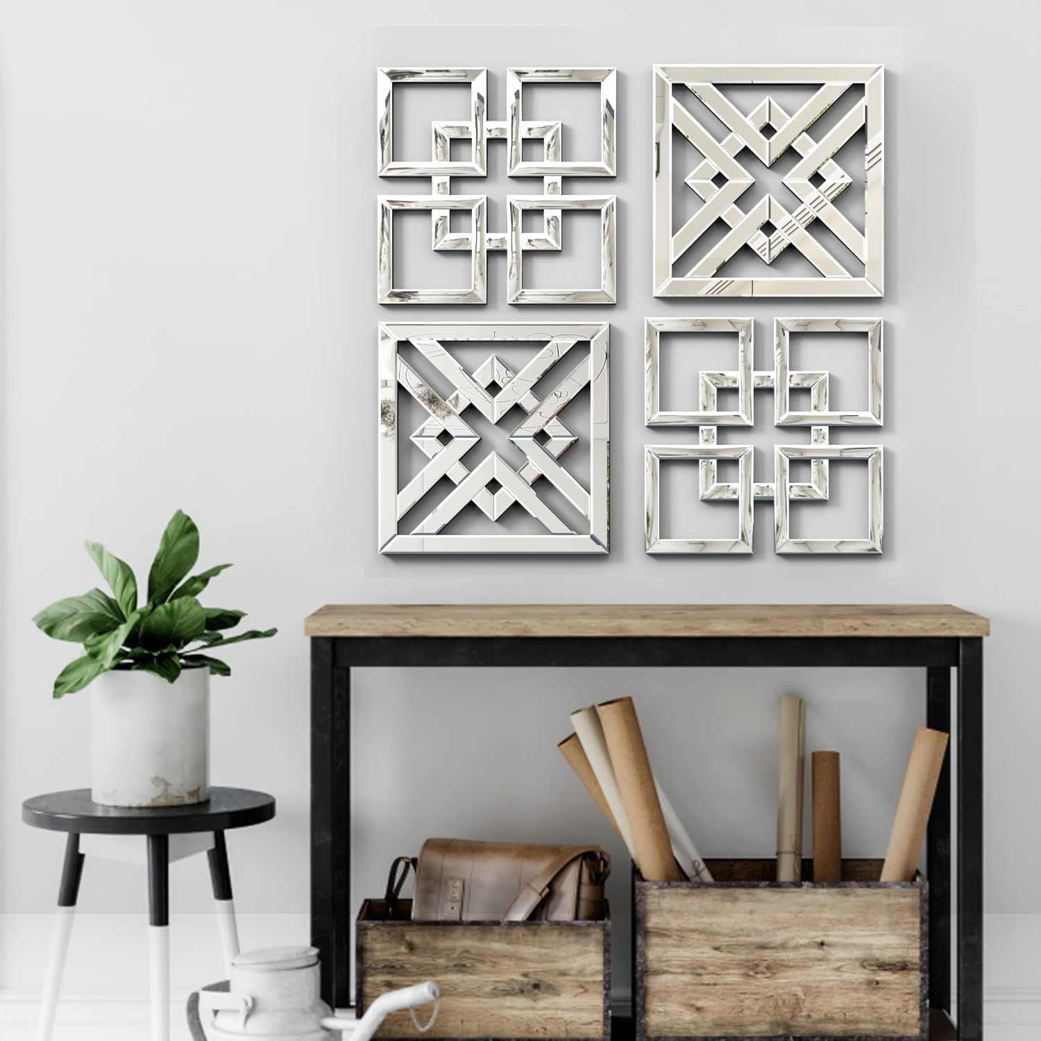 Paquete de 2 espejos plateados para decoración de pared de 16 x 16 pulgadas, espejos decorativos para montar en la pared, modernos y cuadrados