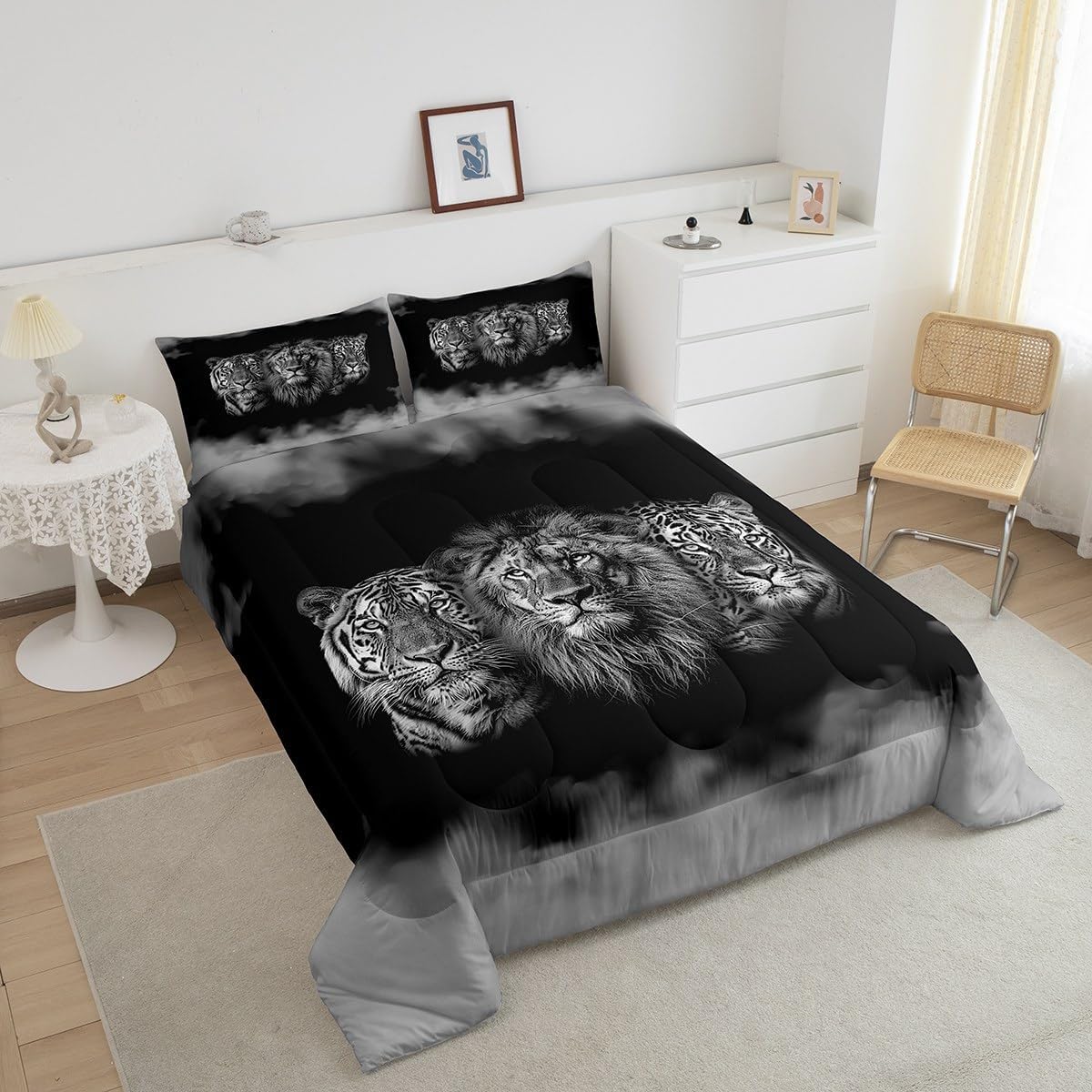 Juego de edredón de animales salvajes, tamaño Queen, juego de ropa de cama 3D de tigre, león, leopardo, 3 piezas para niños y hombres, decoración