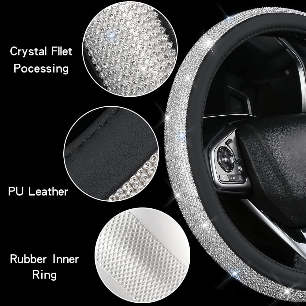 Genérico Bling – Rueda de cuero de diamante para mujeres y niñas con rinoceronas de cryal, ajuste universal para rueda de automóvil de 15 horas,