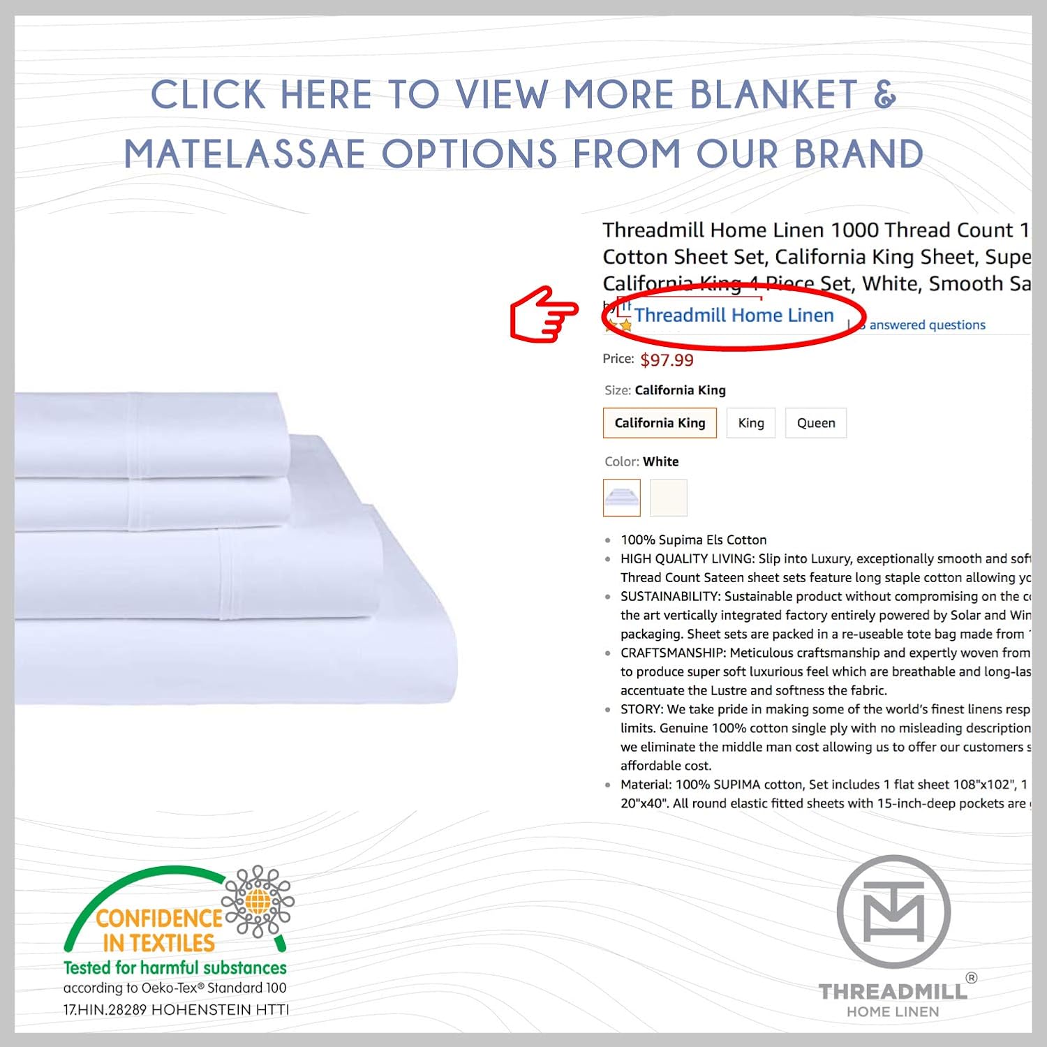 Threadmill Home Linen Bedding – Juego de sábanas de 300 hilos, 100 % algodón, juego de cama de lujo, 4 piezas, tejido de satén suave, color blanco,