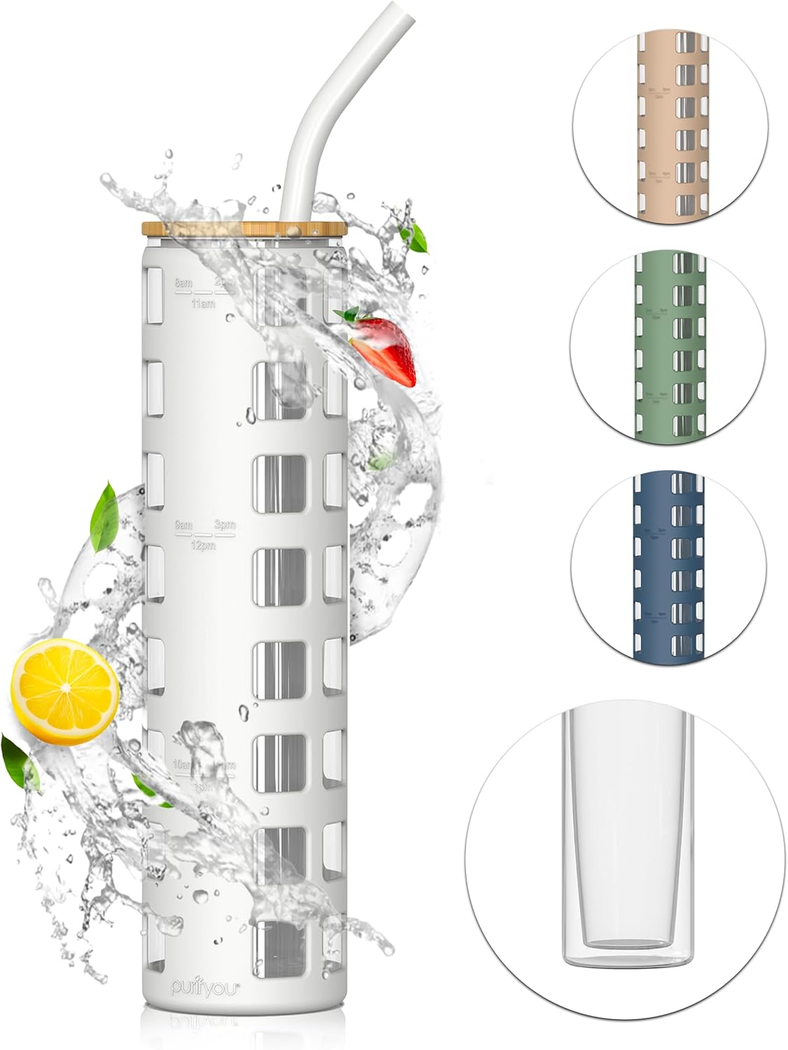 purifyou Vaso de vidrio de 20 onzas con popote, tapa de bambú y funda protectora de silicona, vaso de vidrio de doble pared para batidos, té Boba y