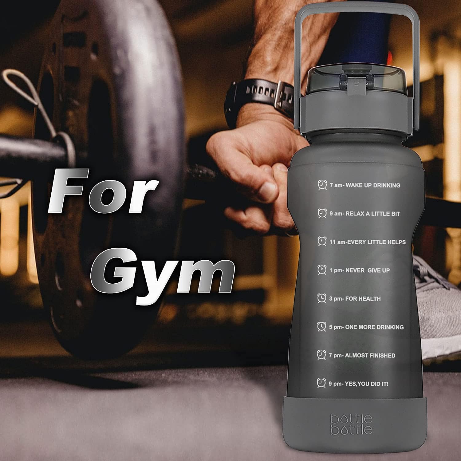bottlebottle botella de agua motivacional de 64onzas con marcas para los horarios y pajilla, con base protectora de silicona, para entrenamiento y