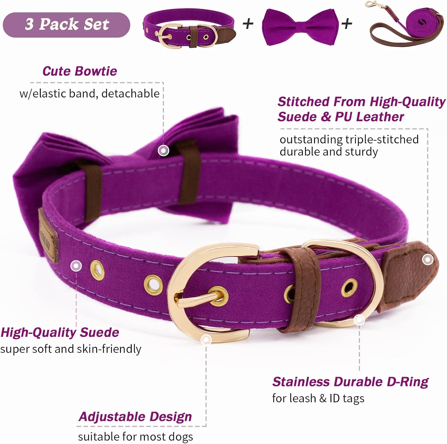 Juego de collar y Laesh para perro, collar ajustable con lazo para perro, correa y collares de cuero suave para cachorros pequeños, medianos y