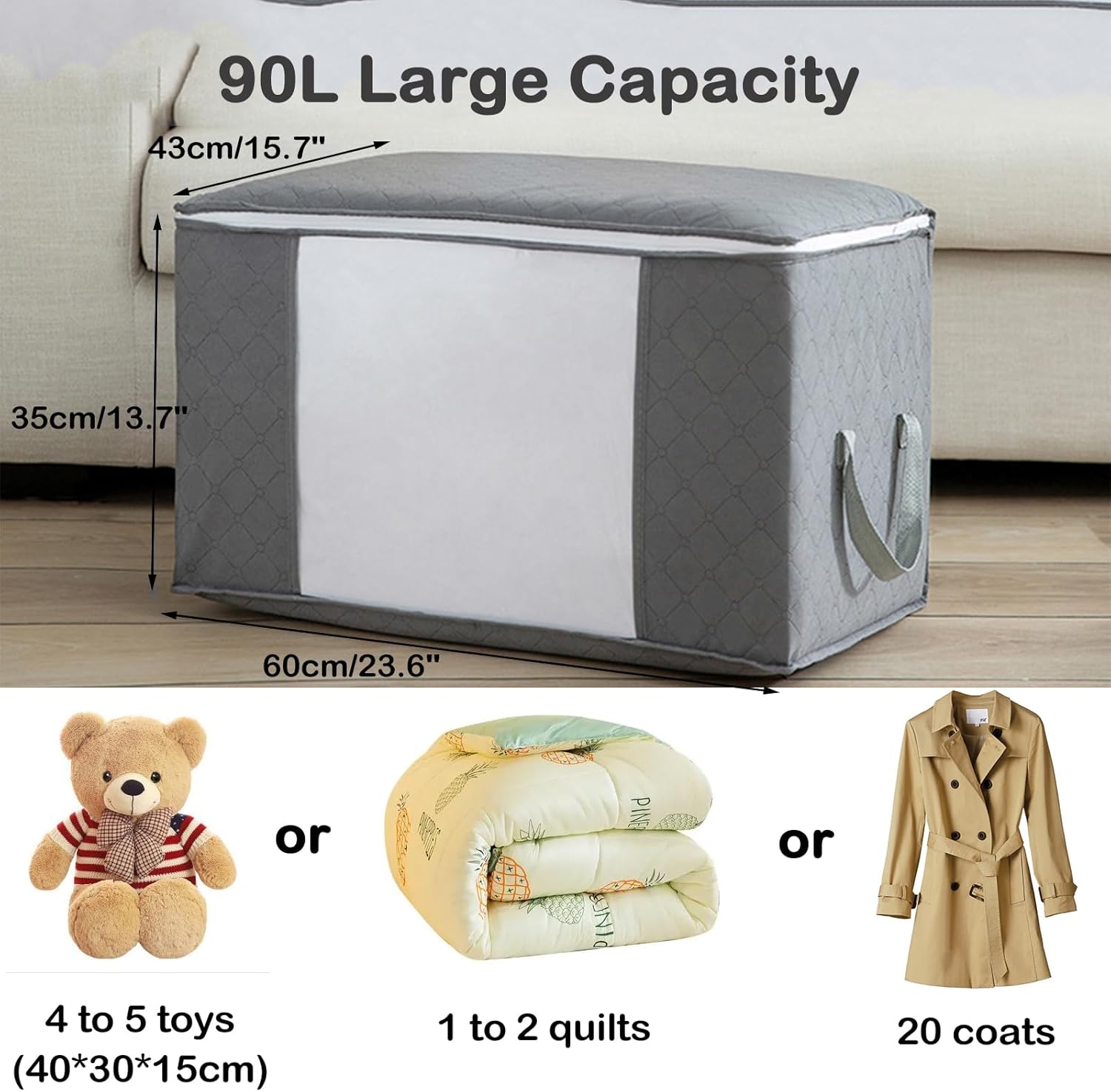 Paquete de 6 bolsas de almacenamiento de ropa, 90 L, organizadores plegables de gran capacidad con asas duraderas de cremallera para edredones,
