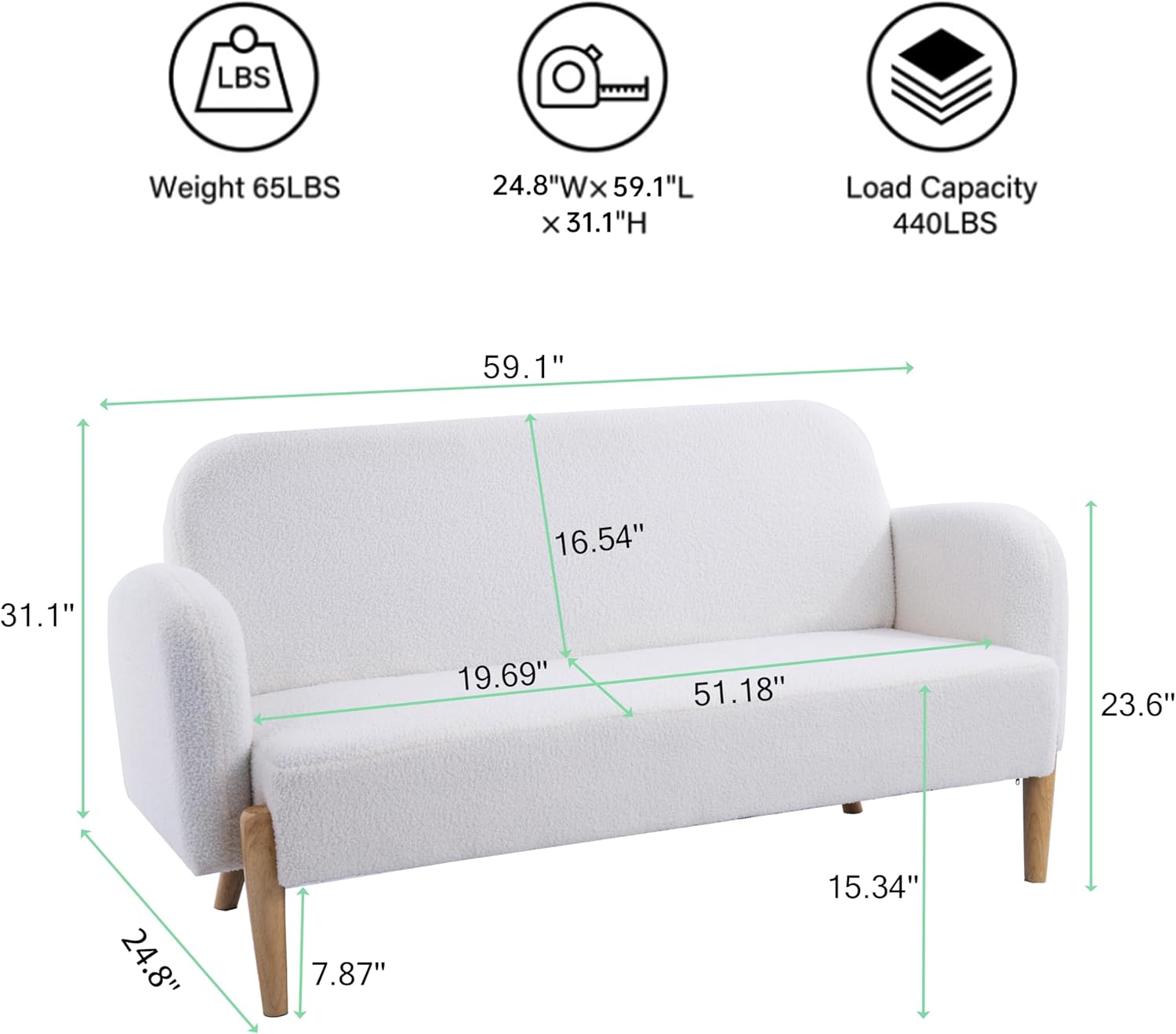 HanStrong Sofá biplaza, 59.1 pulgadas, sofá pequeño y moderno con tres bonitas almohadas lumbares curvadas para espacios pequeños, beige claro