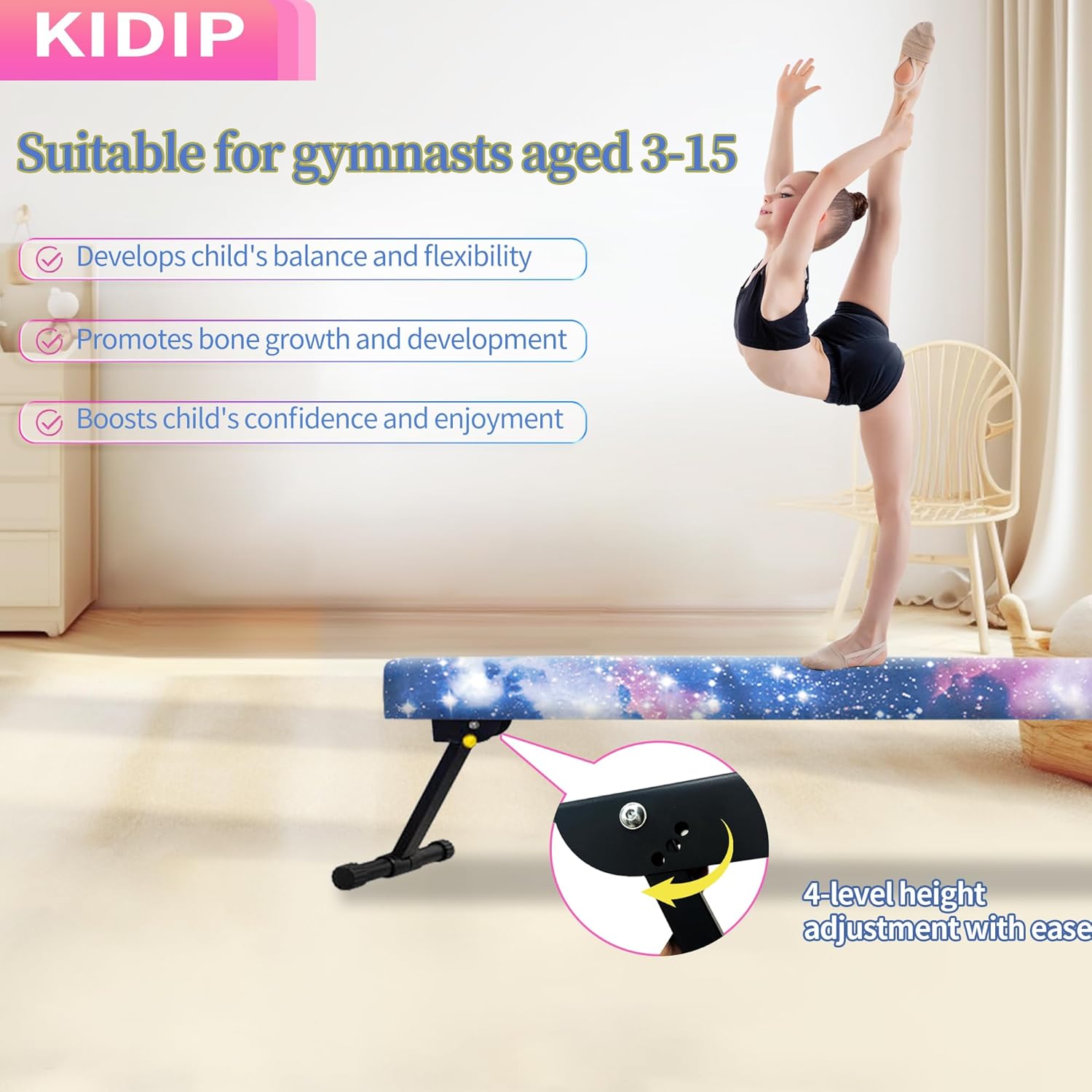 Haz de equilibrio ajustable, haz de gimnasia de 6 pies8 pies, cubierta de gamuza con antideslizante, adecuada para niños y adolescentes de 3 a 15