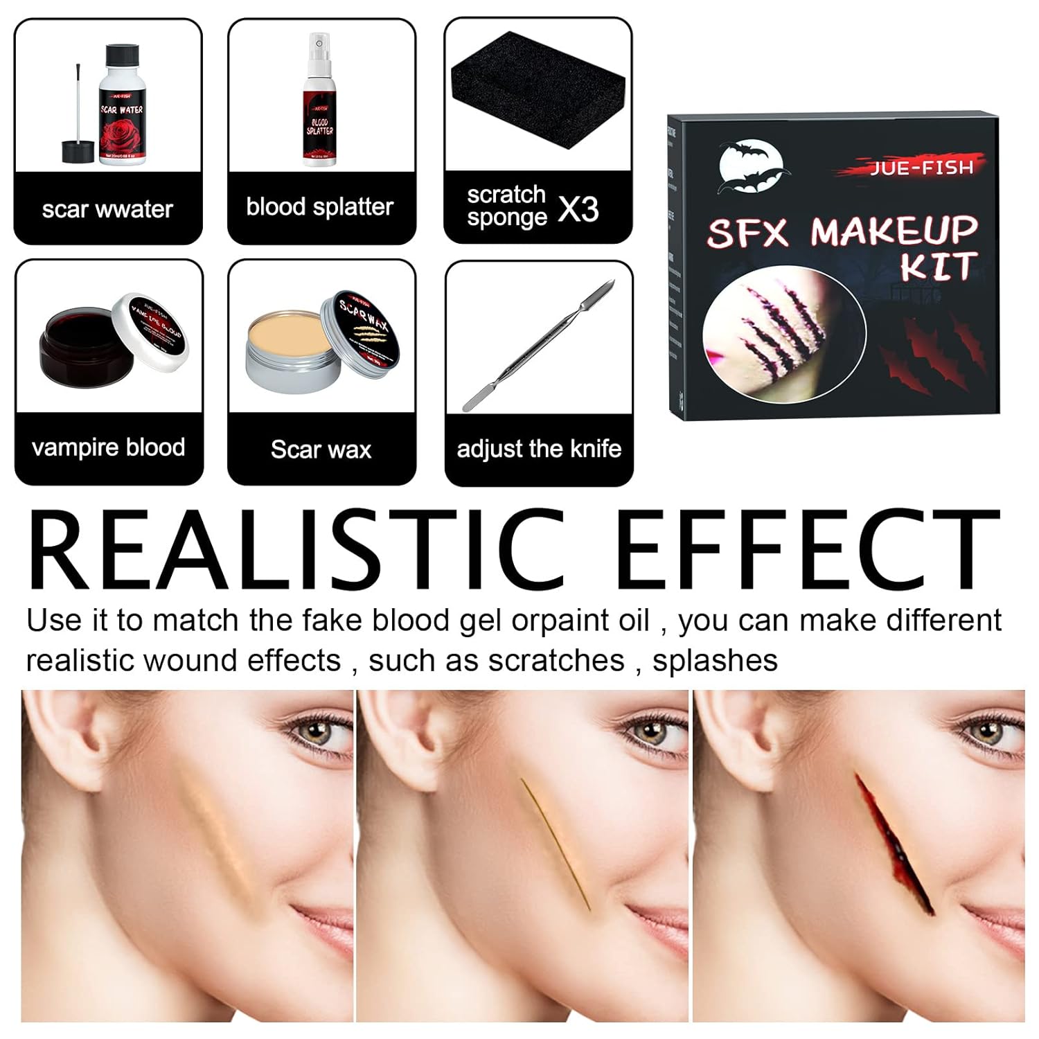 Kit de maquillaje de sangre falsa de Halloween, kit de maquillaje Sfx de Halloween, maquillaje de cara aterradora de Halloween, cicatriz de heridas