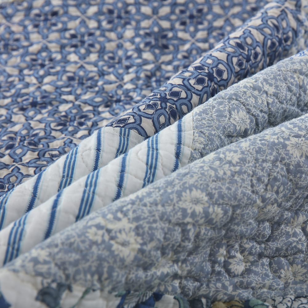 Juego de ropa de cama de algodón de 3 piezas, reversible, juego de colcha reversible vintage floral de retazos azules, tamaño Queen