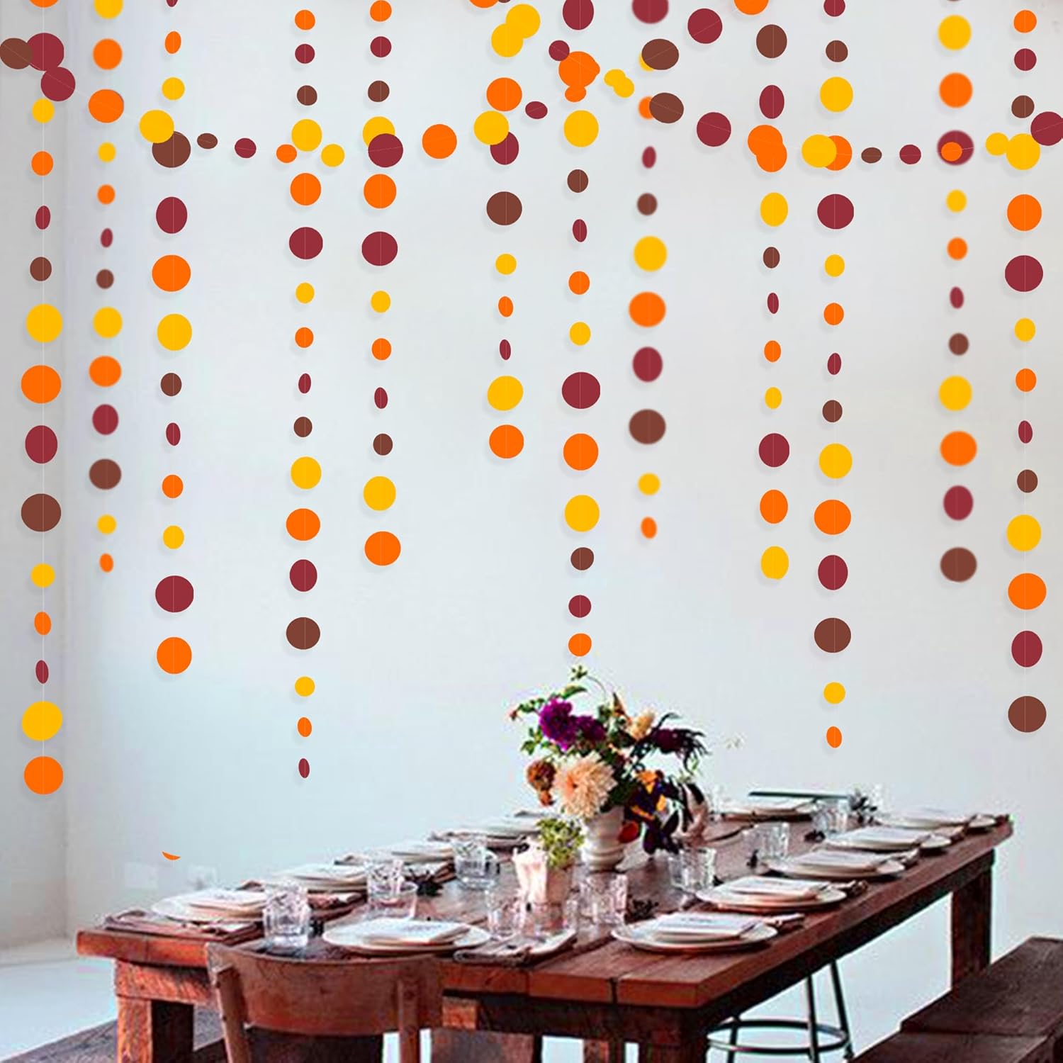 Decoraciones de fiesta de otoño de 46 pies, guirnaldas de lunares naranja, amarillo, borgoña, marrón, papel para colgar, serpentina de puntos para