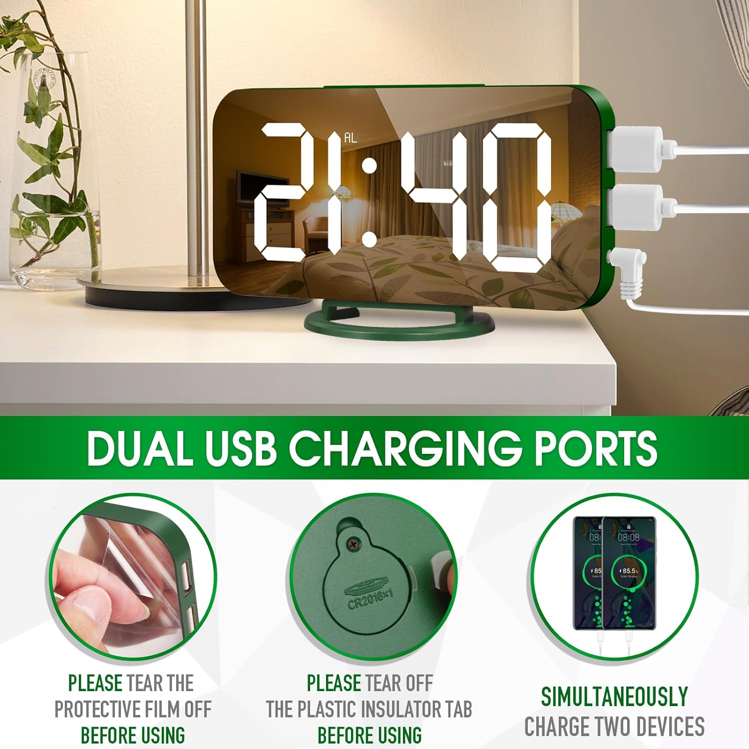 WulaWindy Reloj despertador digital, pantalla LED de espejo grande, con cargador USB, función de repetición, modo tenue, para colgar en la pared