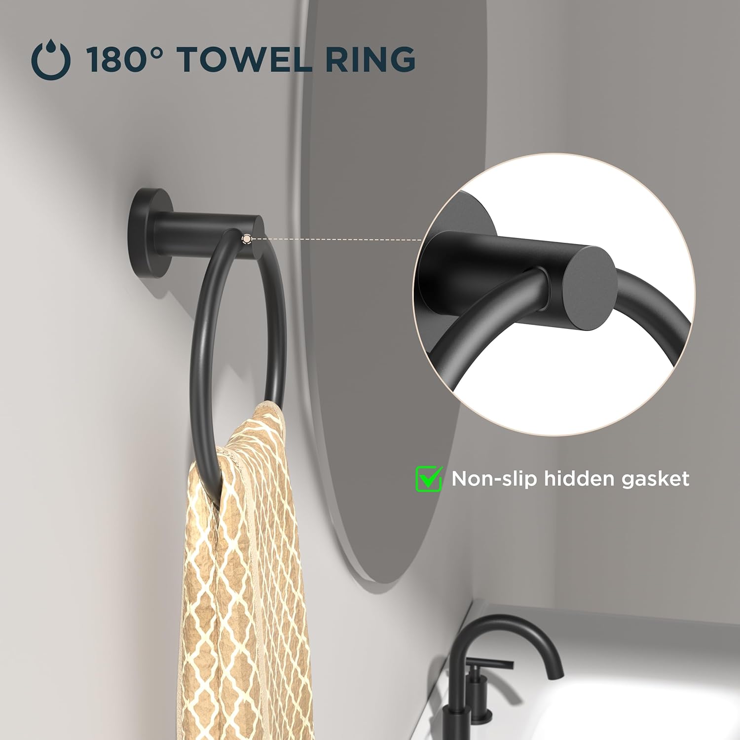 FORIOUS Paquete de 2 anillos negros para toallas de mano para baño montado en la pared, colgador de toallas de acero inoxidable, accesorio moderno