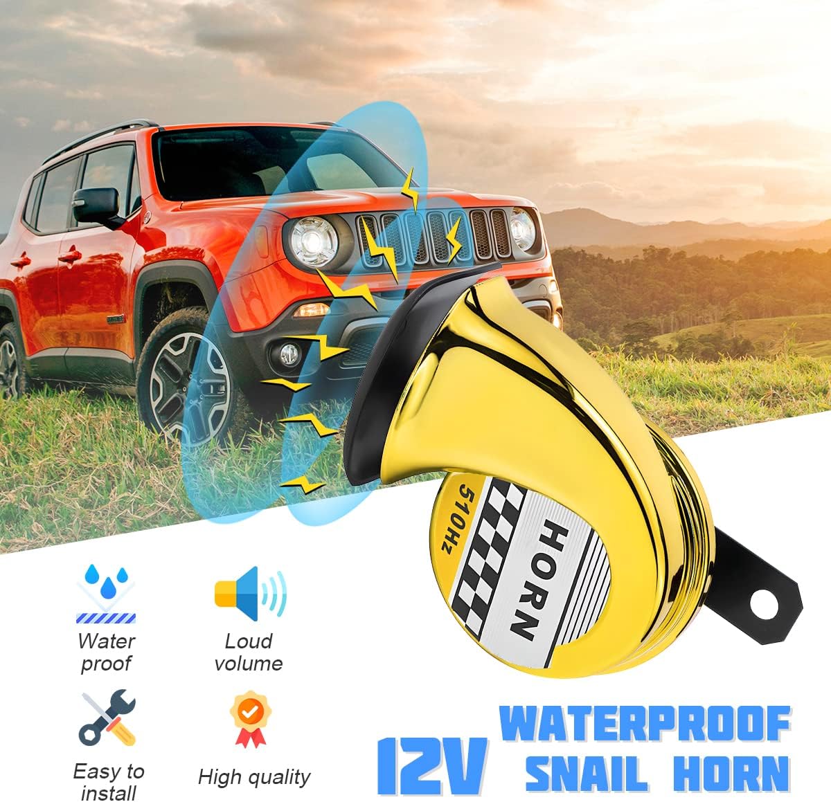 Bocina de aire de caracol de 115 dB 510 Hz, bocina electrónica de tono alto resistente al agua de 12 V, altavoz de voz de sirena de un solo sonido,