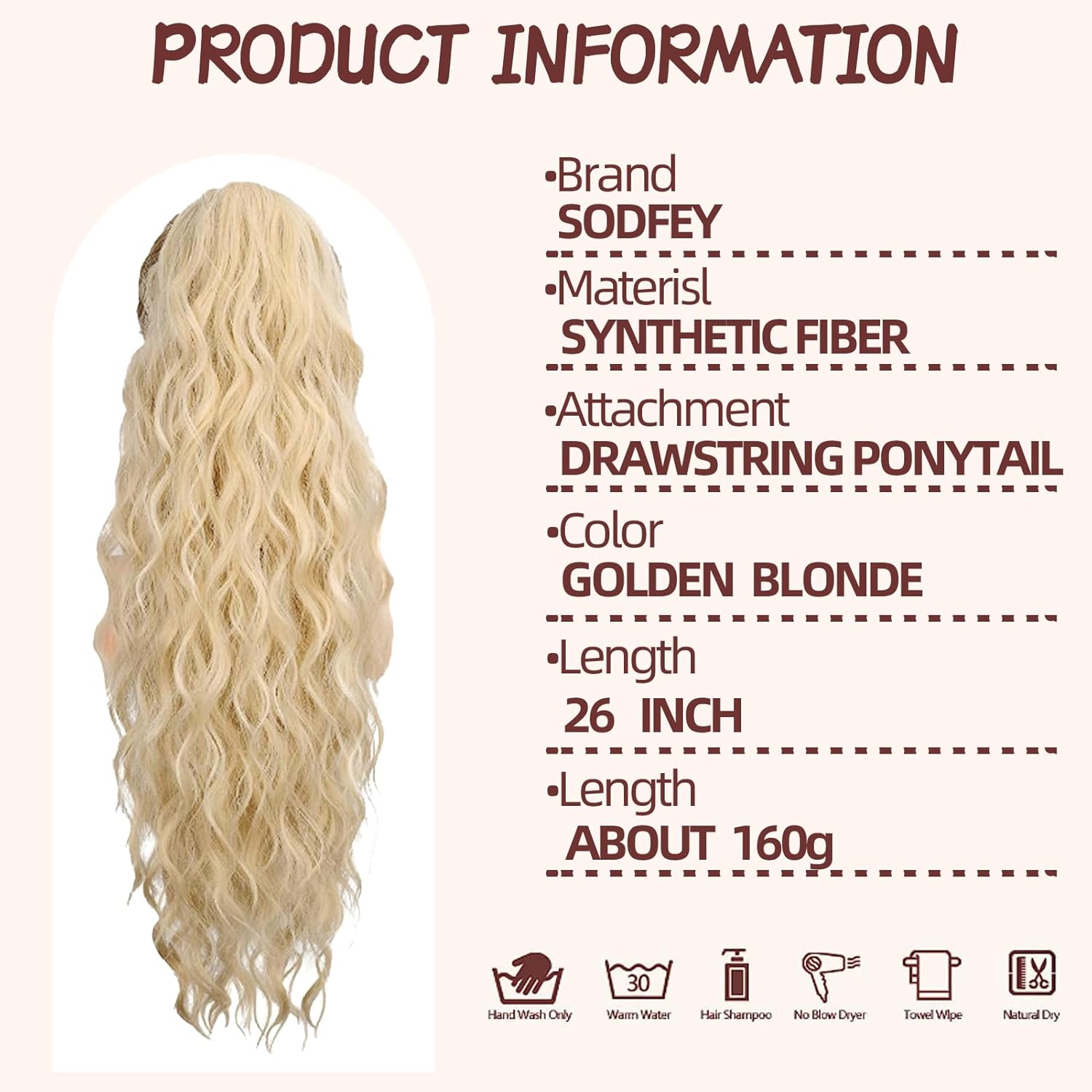 Extensión de cola de caballo de 26 pulgadas, extensiones de cabello largo y rizado con clip, para uso diario en fiestas (26 pulgadas, rubio dorado)