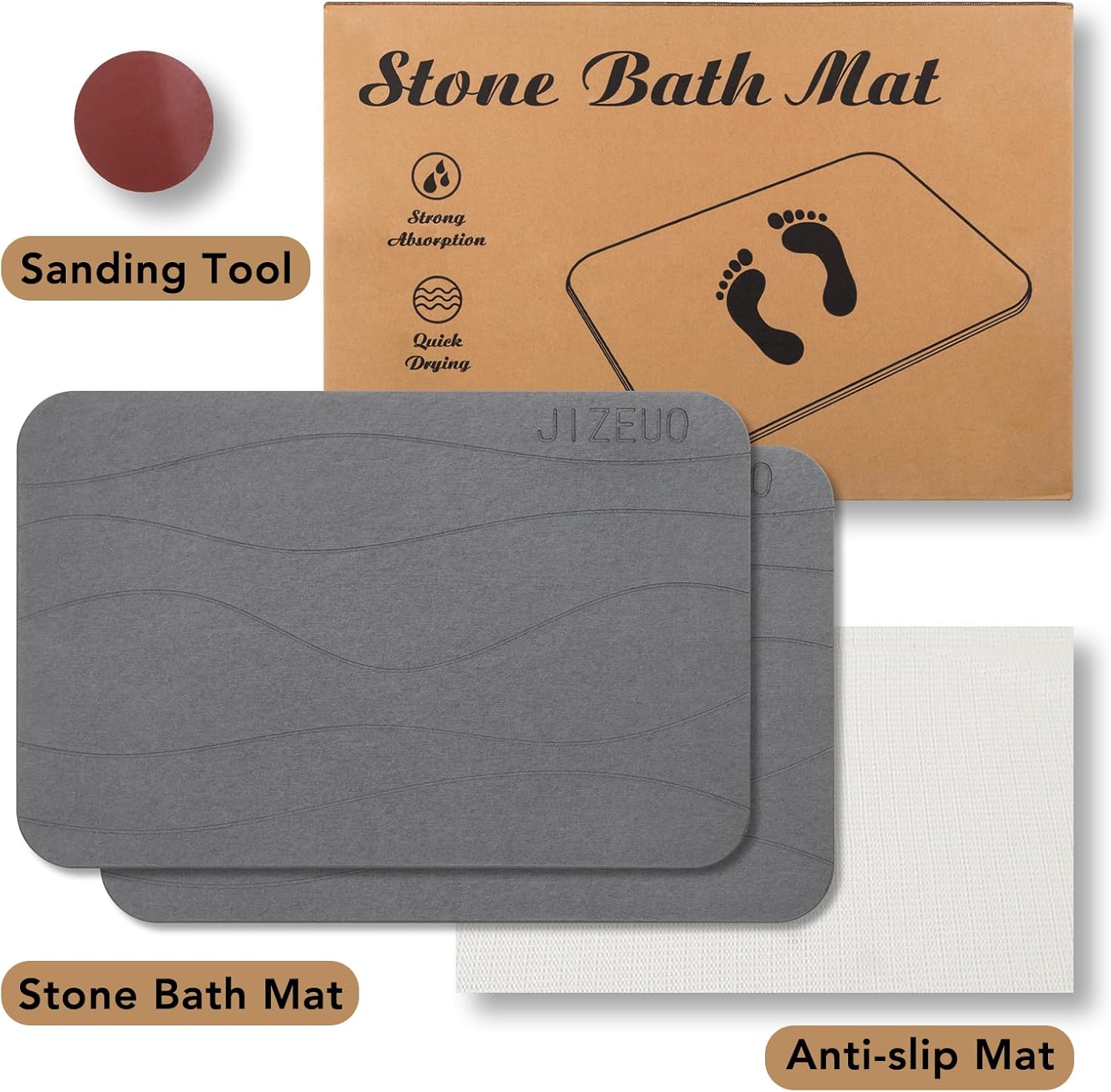 JIZEUO Tapete de baño de piedra, tierra de diatomeas, antideslizante, súper absorbente, de secado rápido, 2 unidades, color gris