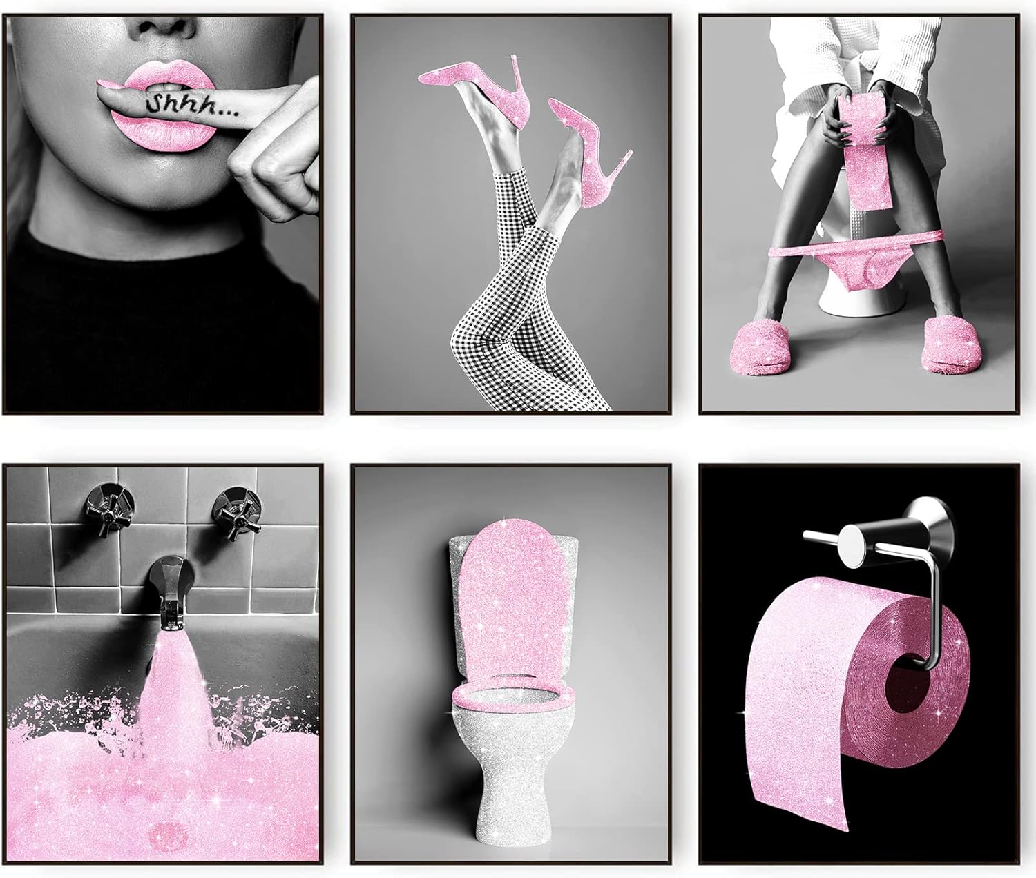 Juego de 6 impresiones artísticas de pared de moda para decoración de baño, pósteres de tela con purpurina glamorosa, fotos, obras de arte de baño,
