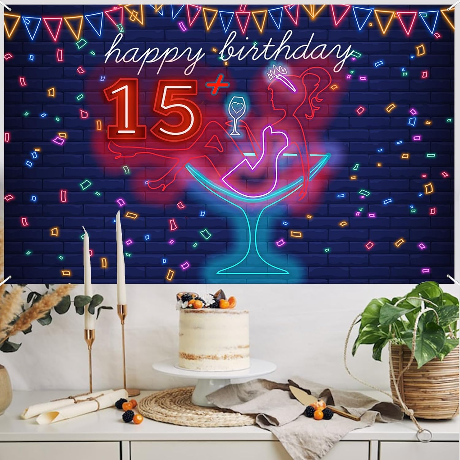 Cartel de neón con texto en inglés Happy 15 Birthday Girl Happy 15 Birthday Banner Cheers to 15 años de tacón alto, maquillaje para decoración de