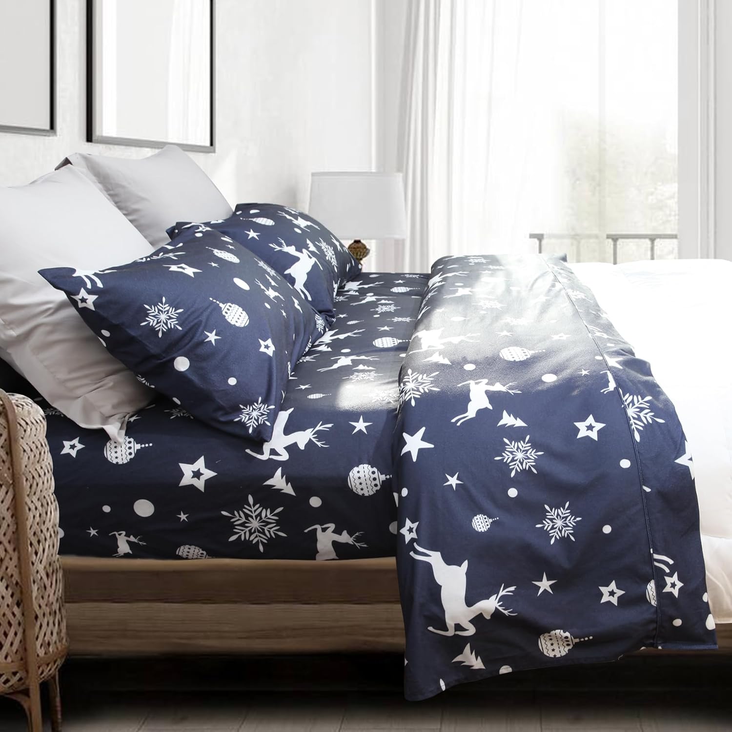 JIHAZ Juego de ropa de cama de franela estampada suave y acogedor de cuatro piezas para camas de tamaño King, 4 piezas, bolsillos transpirables y
