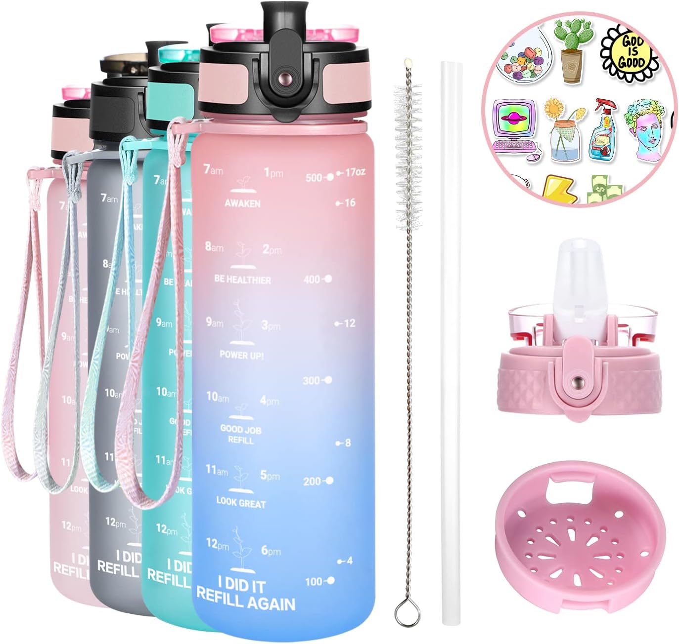 Botella de agua con popote de 17oz para niños, con marcador de tiempo que motiva a beber, 2 tapas (popoteboquilla), a prueba de fugas, reutilizable,