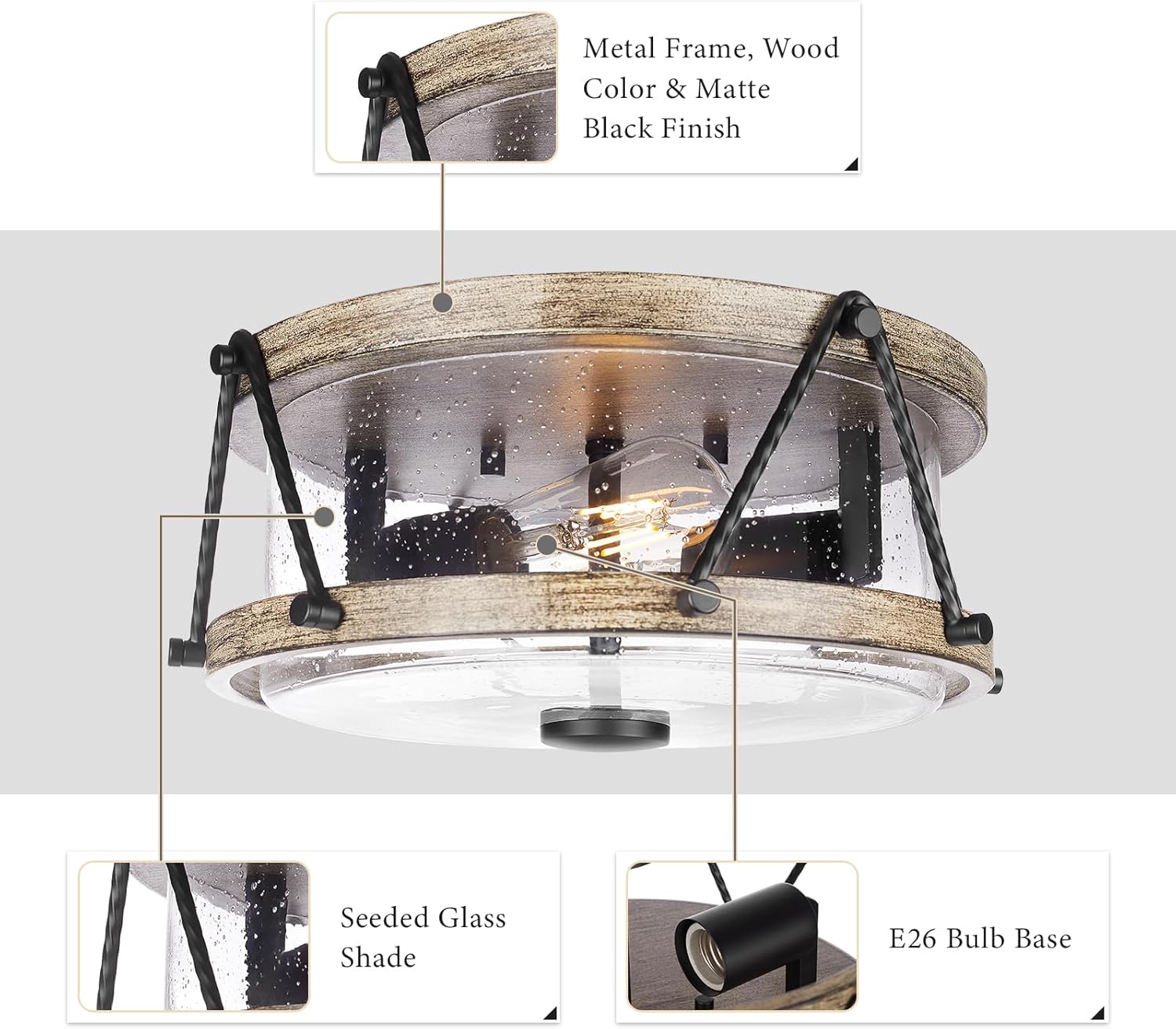 Lámpara de techo de montaje empotrado, lámpara de techo marrón de granja con pantalla de vidrio semillado, accesorios de iluminación multiusos de 12