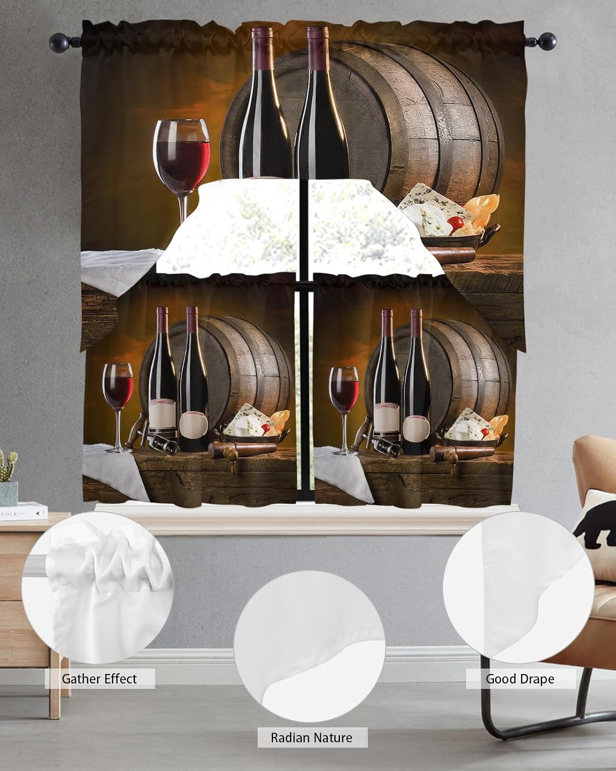 Swag Valances Window for Kitchen 3PCS, Red Wine Cups Wine Barrel Pole Pocket 1 Swag Valance and 2 Tiers Small Treatment Curtain Treatment Panel Set
