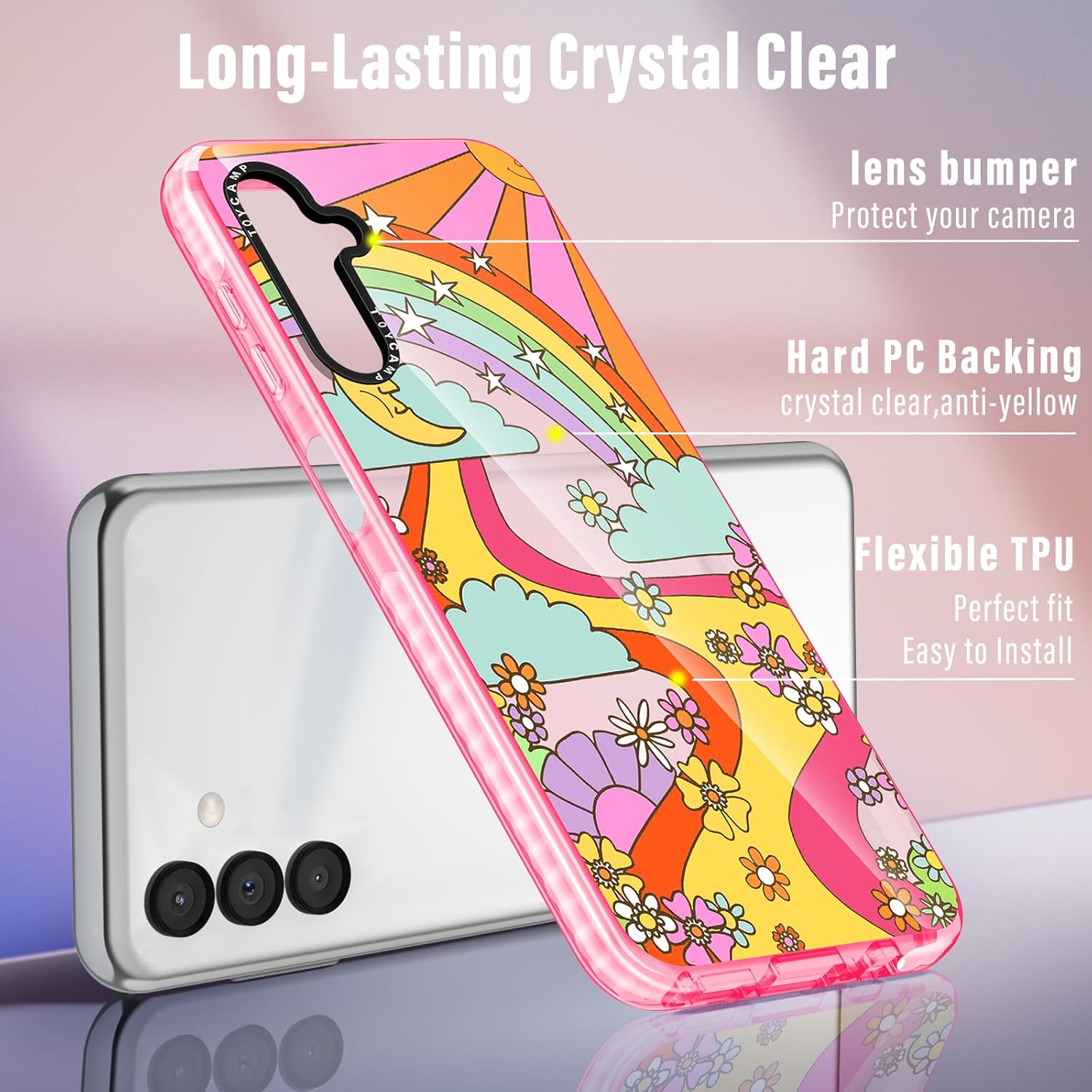 Toycamp Funda para teléfono Galaxy A54 0.18 oz con soporte de anillo lindo arco iris, sol, luna, río, flores, diseño de grafiti de dibujos animados,