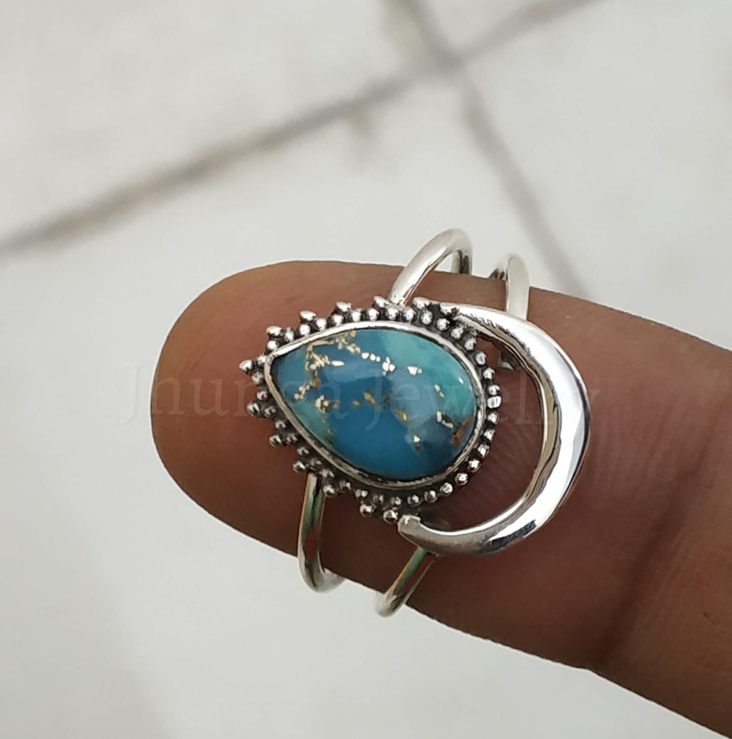 Blue Copper Turquoise ring, 925 sterling silver, Half Moon Shape Ring, Two band Ring, Boho Chic, Promise Wedding Jewelry, Classy Ring, Celestial