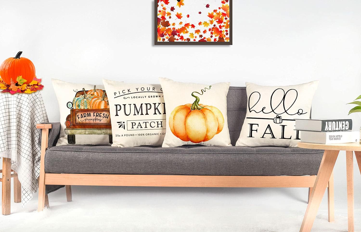 4TH Emotion Juego de 4 fundas de almohada decorativas de otoño de 20 x 20 pulgadas, diseño de calabaza naranja para decoración de casa de campo,