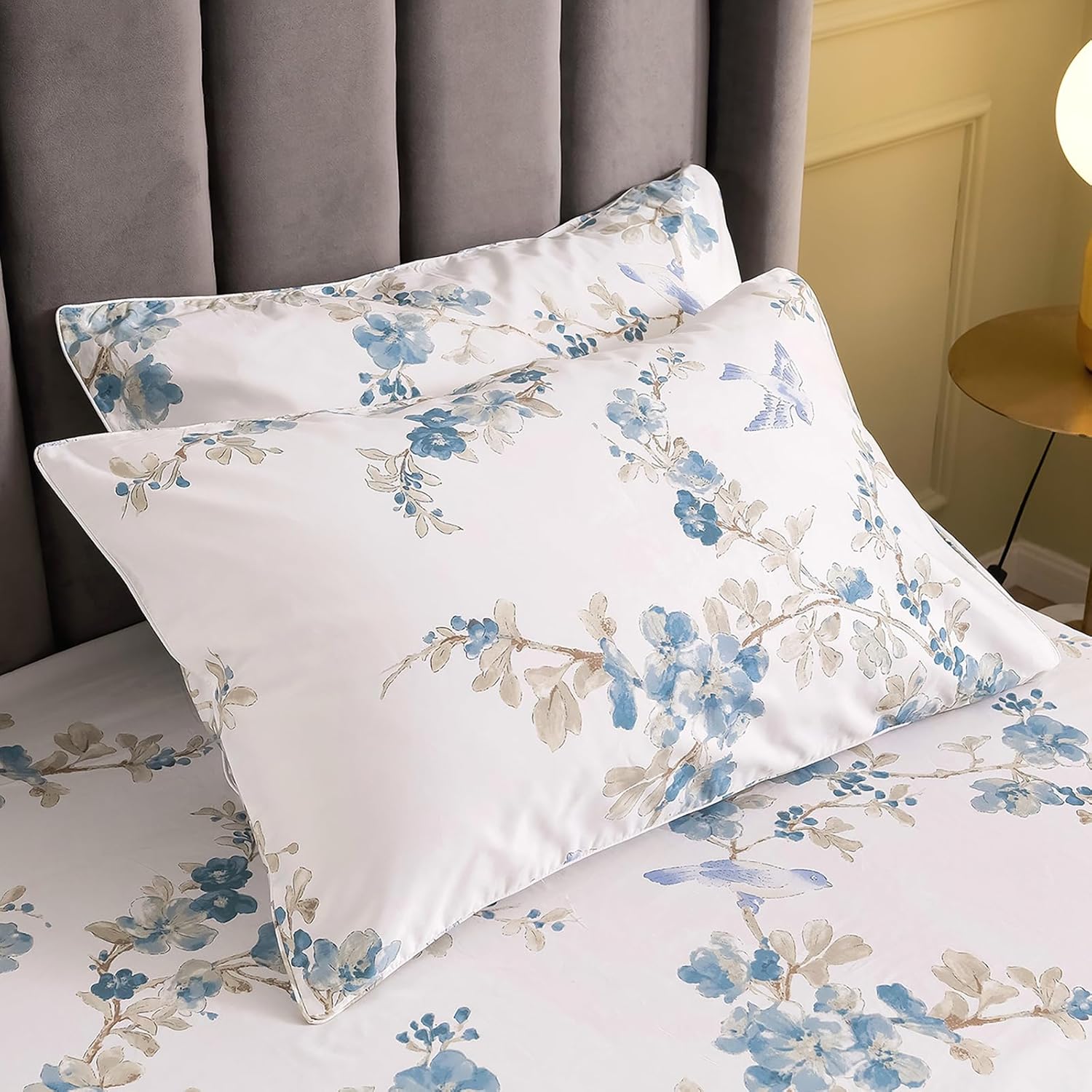 QSH Juego de 2 fundas de almohada 100 % de algodón egipcio con estampado de flores de pájaros azules para cama Queen, fundas de almohada con cierre