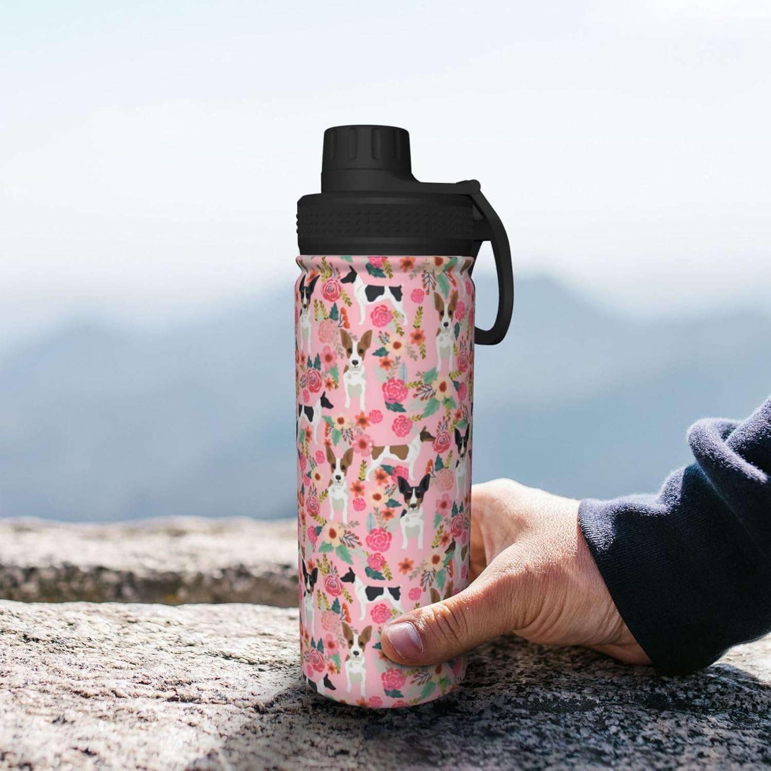 Botellas de agua deportivas aisladas al vacío de acero inoxidable de 18 onzas  Lindas ratas Terrier perro rosas flores tazas con tapa abatible,